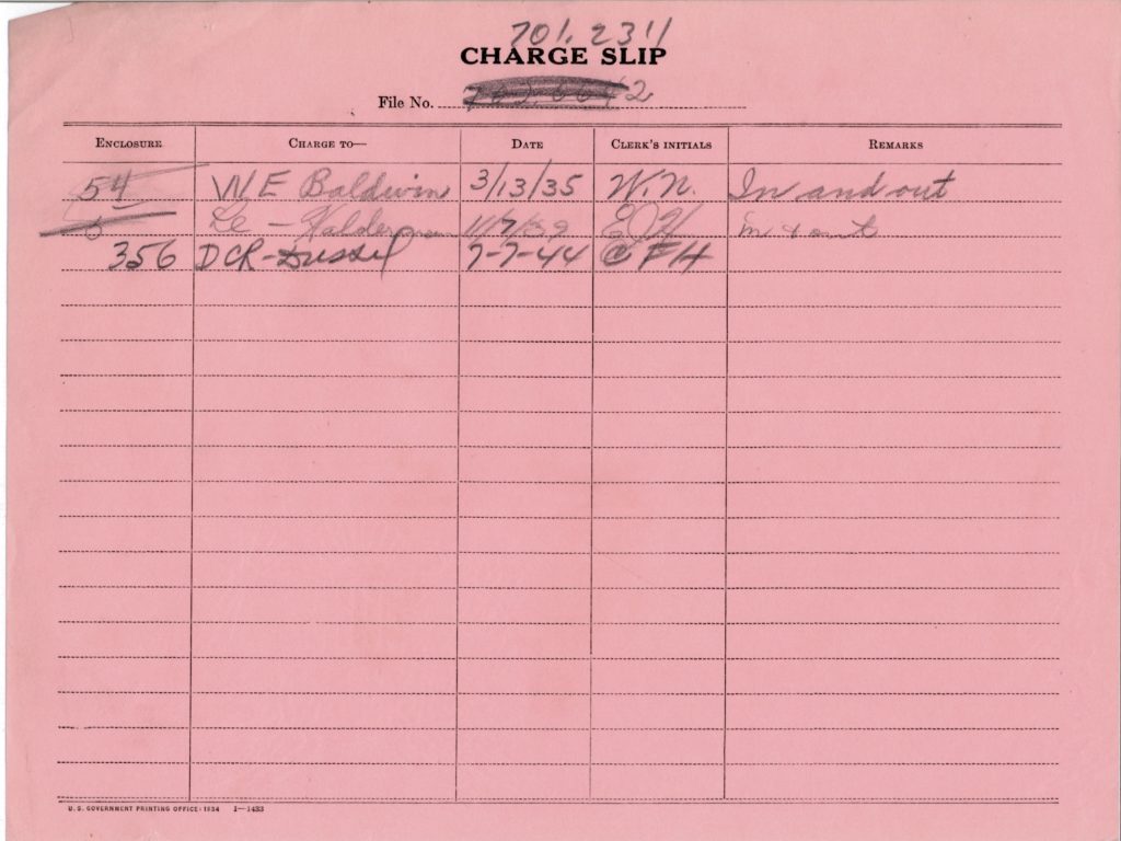 Charge Slip with decimal number at the top, 3 rows have been filled out. The last row is for a document checked out on July 7, 1944