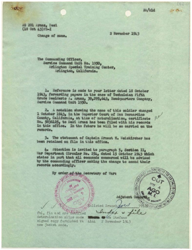 recognition that soldier's name has changed to Desi Arnaz with his naturalization certificate