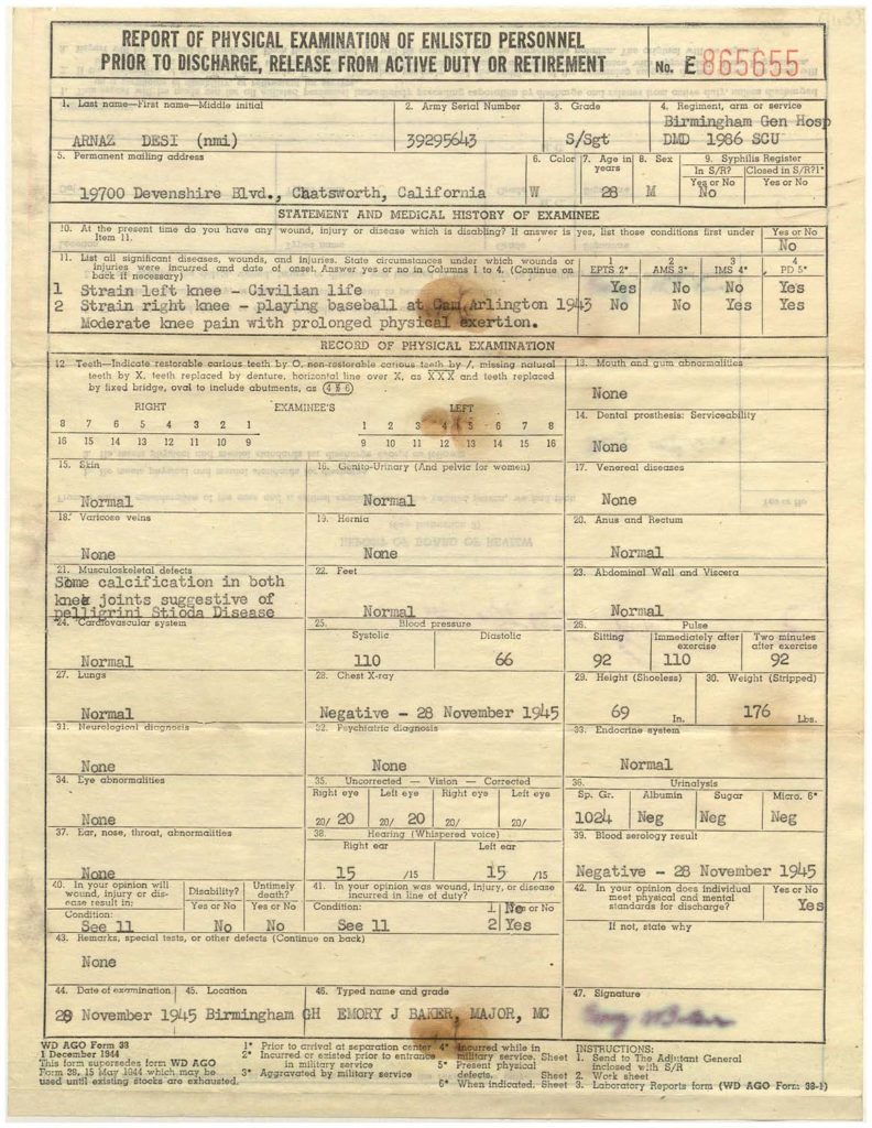 report detailing the knee injuries and hypertension releasing Arnaz from overseas duty