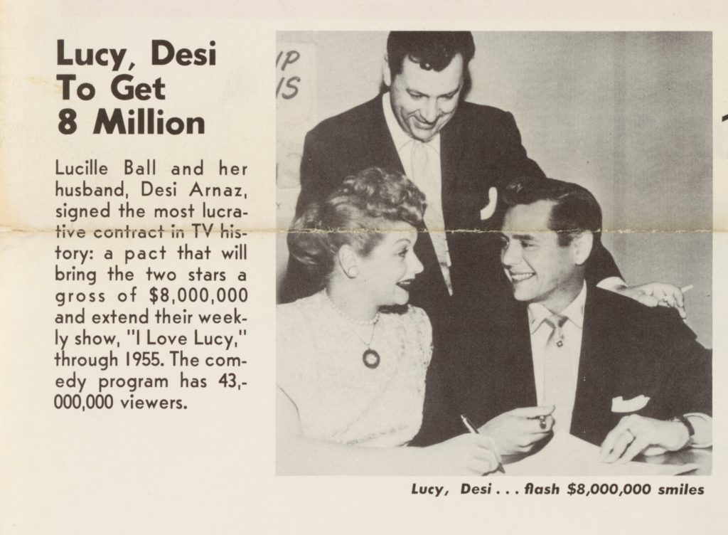 "Lucy, Desi to Get 8 Million" w/picture of Desi Arnaz & Lucille Ball smiling at each other