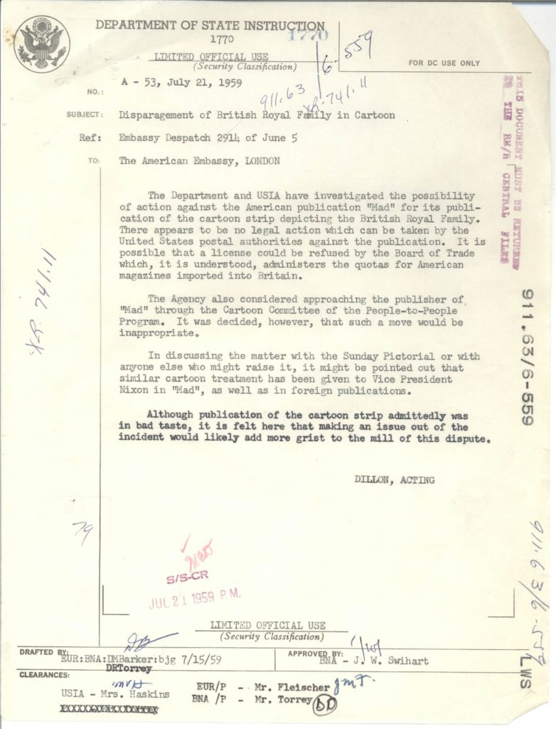 concludes there is no legal action that can be taken against MAD, deemed inappropriate for the State Dept to approach MAD through the Cartoon Cmte, they relayed to the Sunday Pictorial that MAD has done the same with VP Nixon