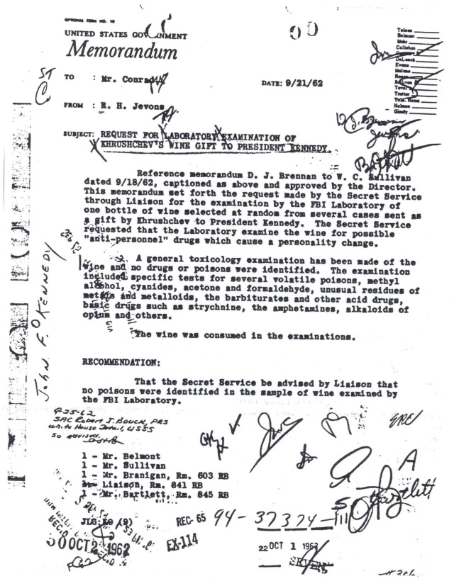 An example of a FBI document, this one describing lab tests conducted on wine Khrushchev gave to Kennedy as a gift.
