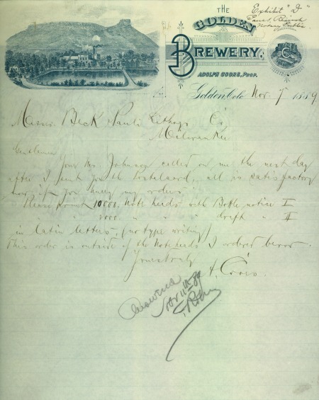 letter written on Golden Brewery stationary showing Castle Rock