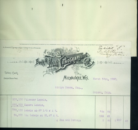 bill for Coors labels totalling $910.42