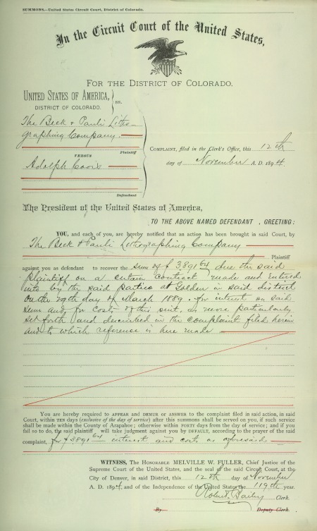 summons for adolph coors notifying of a case to recover $3891.64