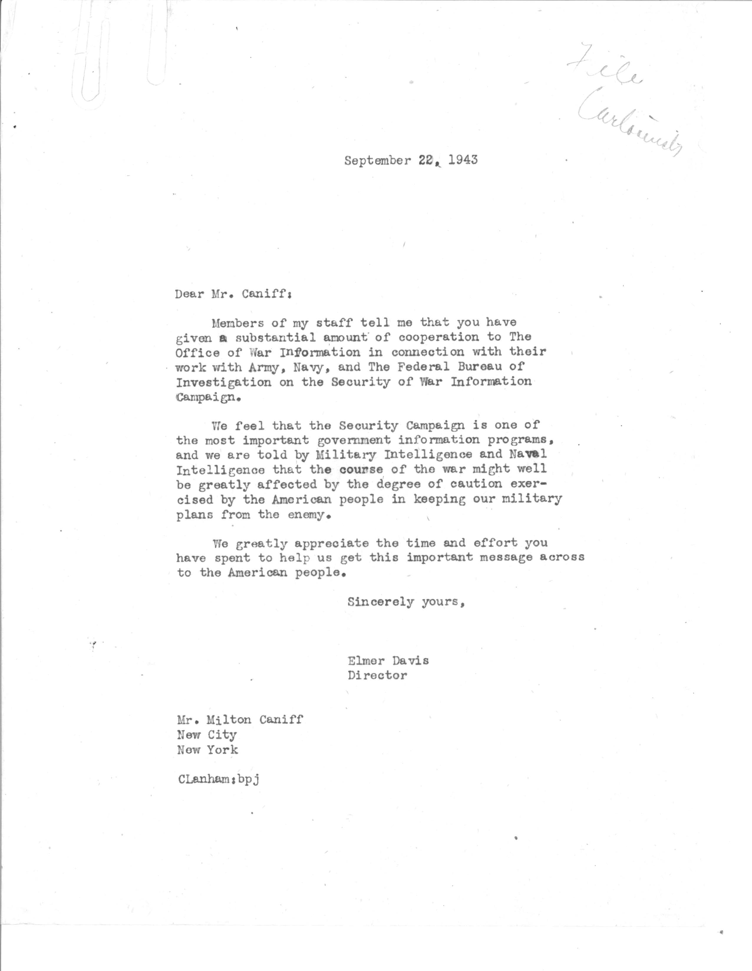 note from Director of OWI thanking Caniff for his efforts in aiding the security campaign