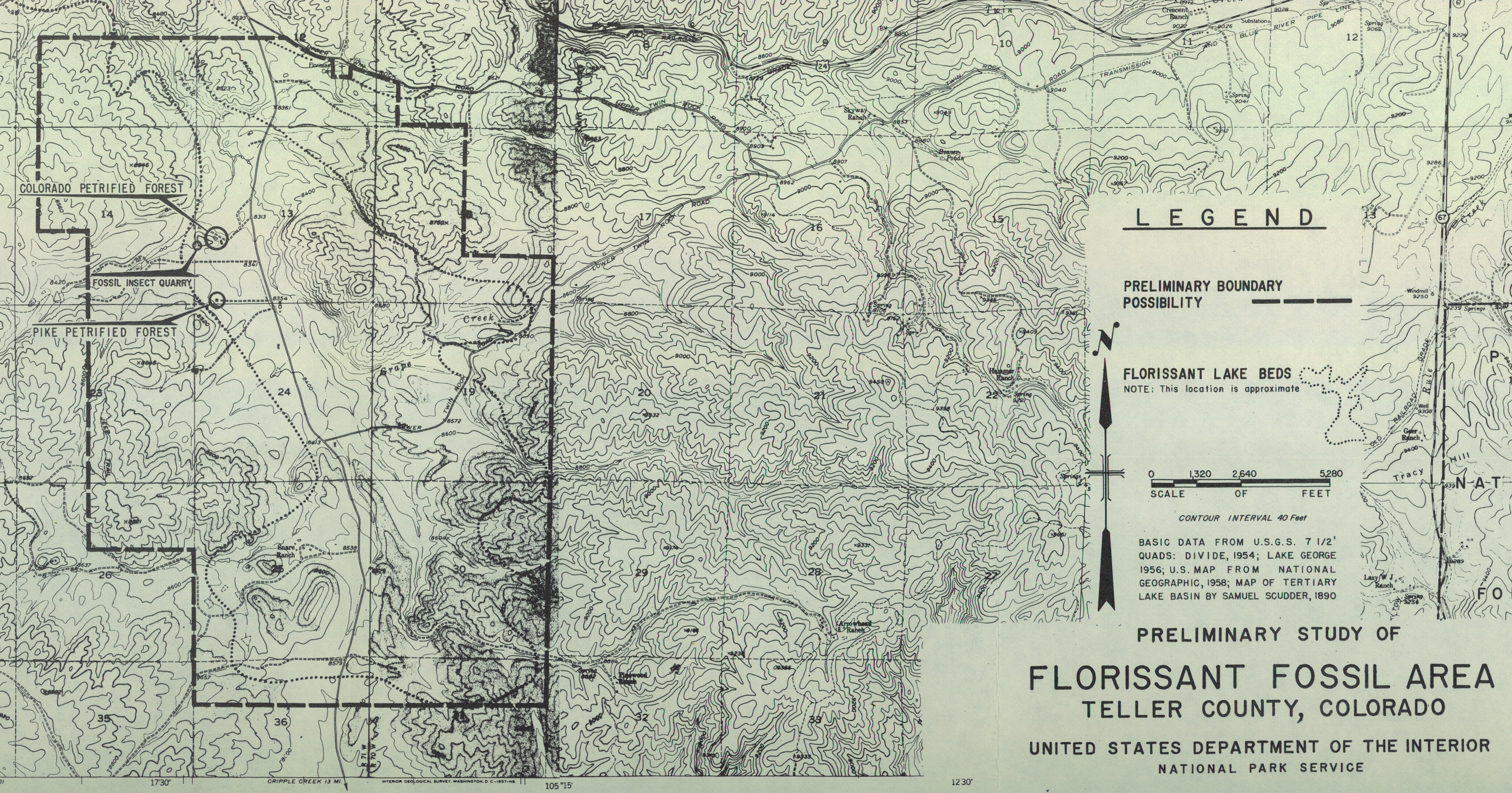 Close-up of topographical map also showing proposed park area with both petrified forest attractions marked