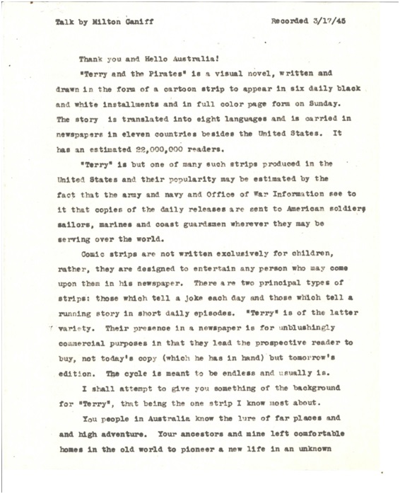 textual transcription of a talk given by Milton Caniff