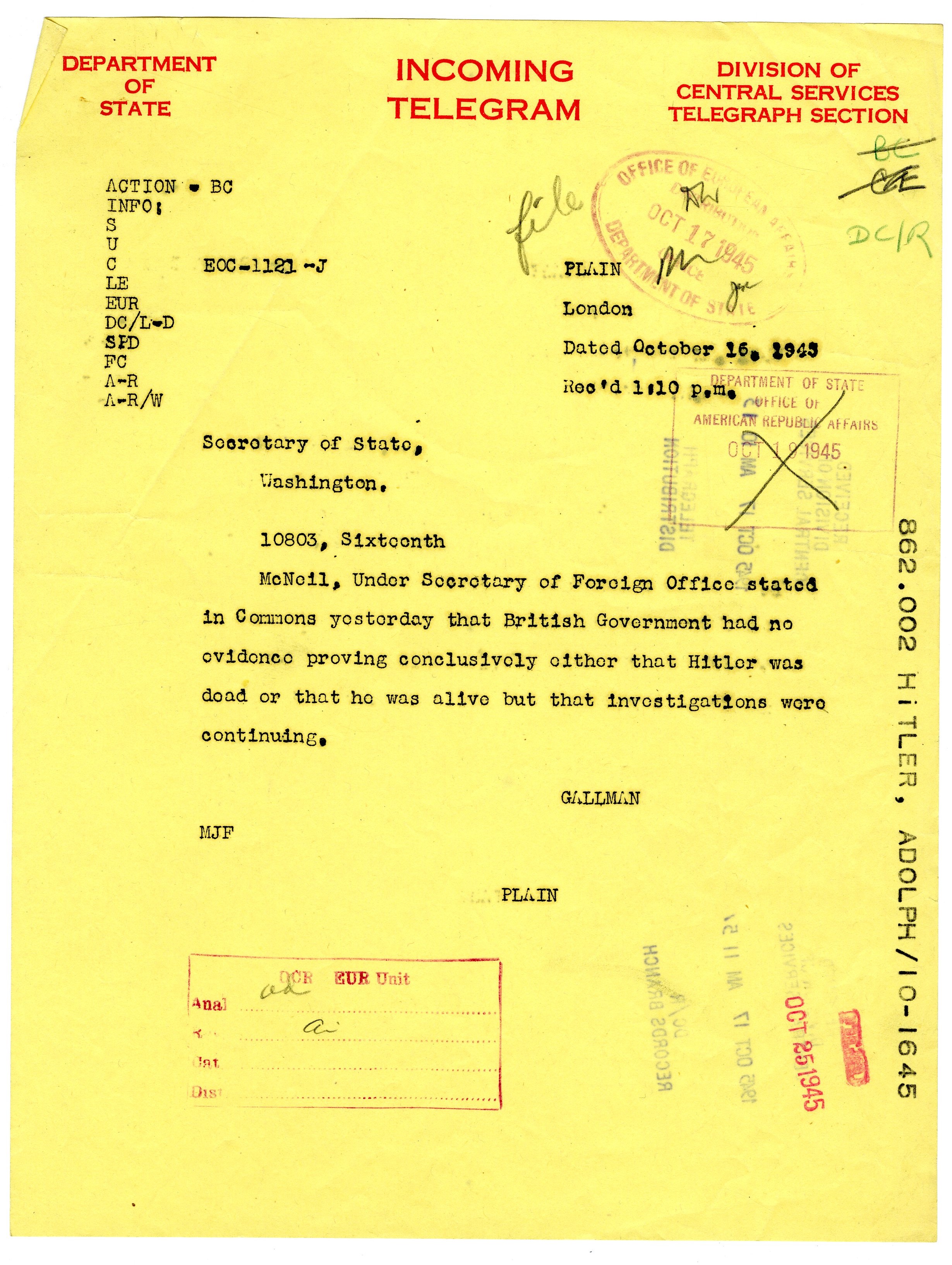 telegram sent to the Secretary of State regarding Hitler's death