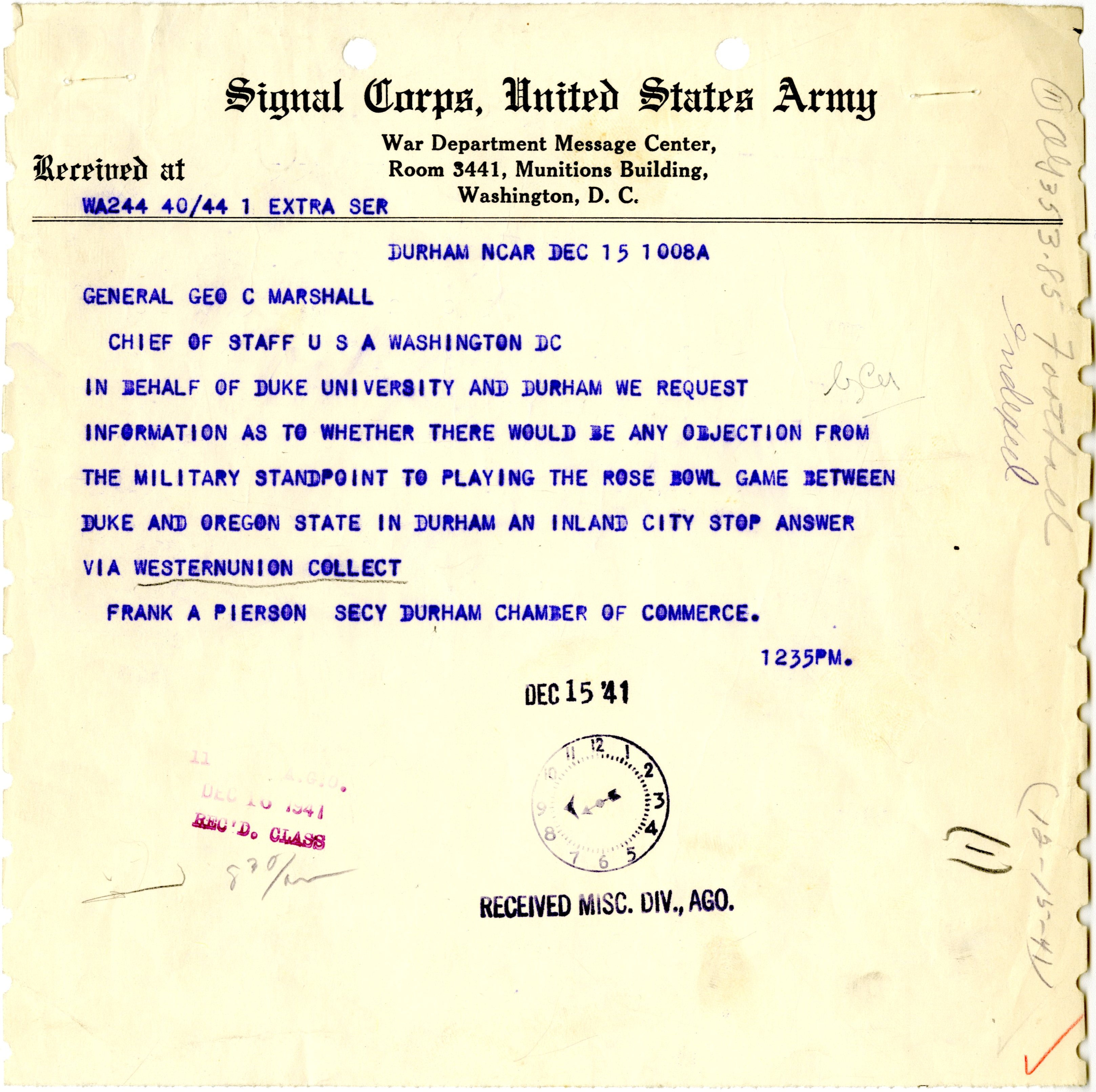 Telegram from Frank Pierson, Secy Durham Chamber of Commerce to General George C. Marshall, 12/15/1941