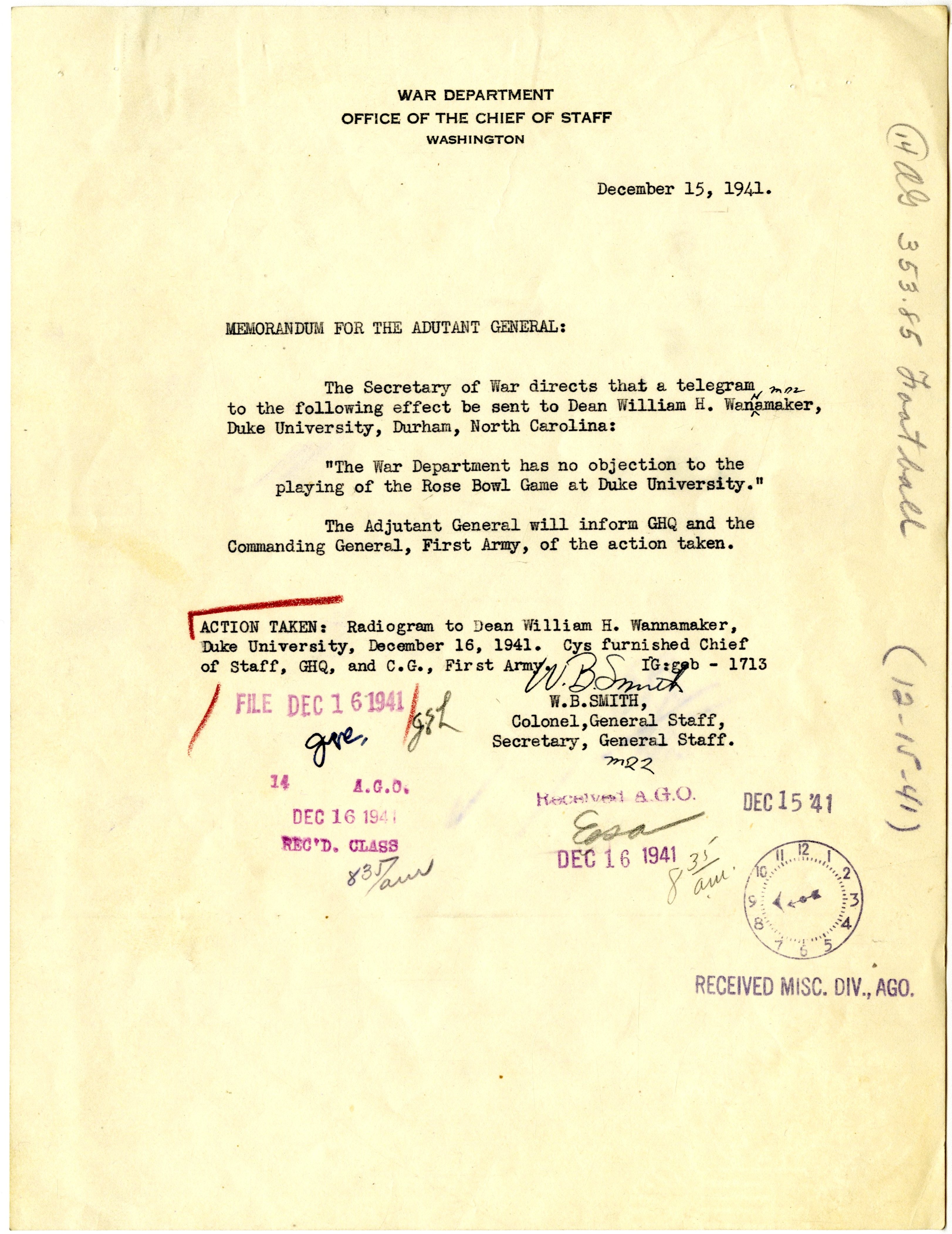 Memorandum for the Adjutant General from Colonel W. B. Smith, 12/15/1941