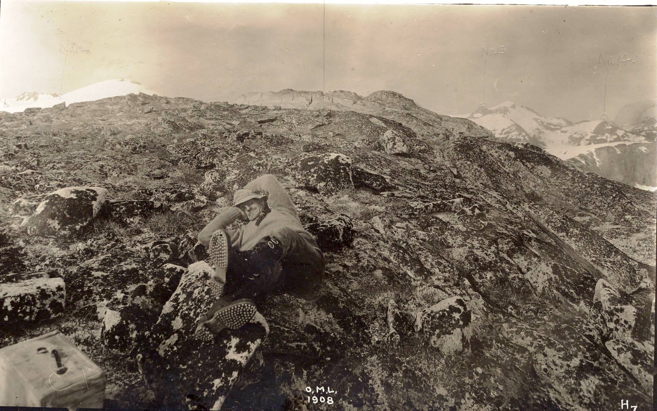 76-N-10863 Loafing on the Mountain - O.M. Leland Party, Coast Mountains of Alaska and Canada