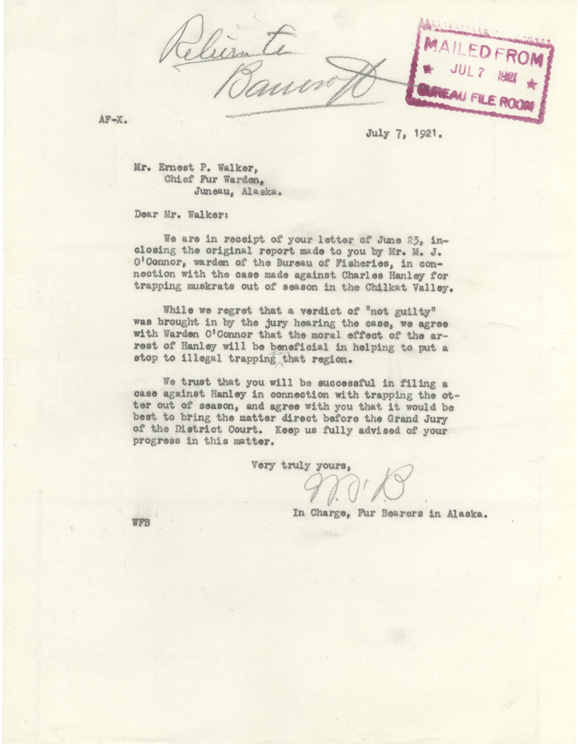 Letter from MB in response to report sent by Ernest Walker from Warden O'Connor