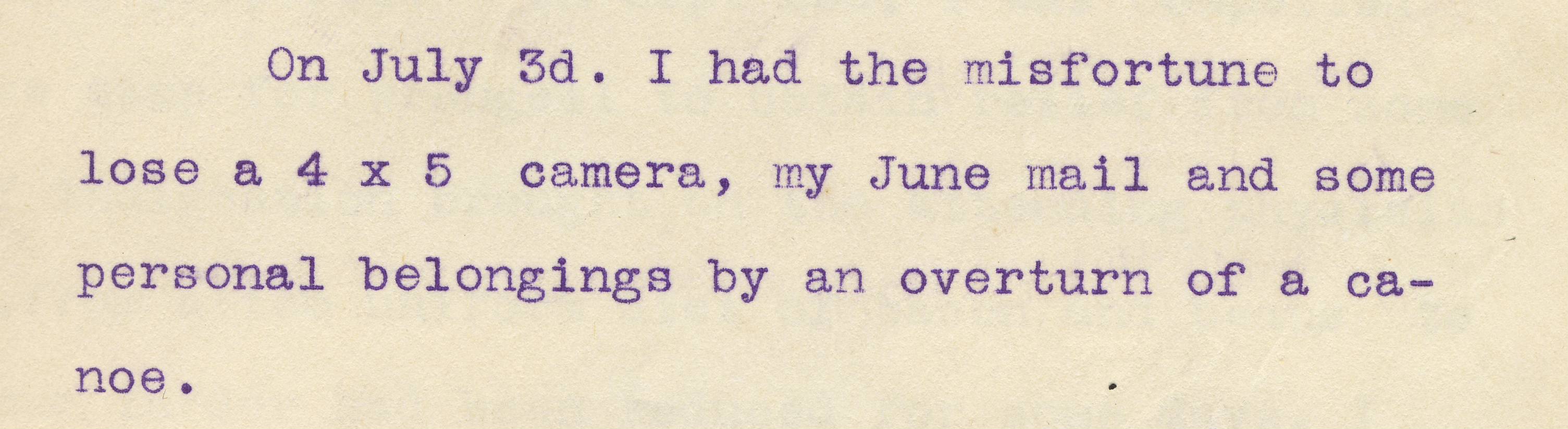 text of a note: I had the misfortune to lose a 4x5 camera