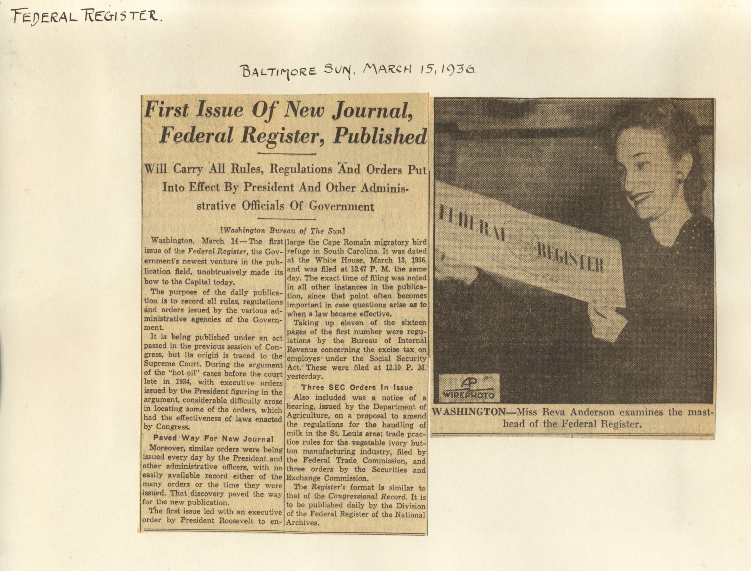 RG 64, P 67, file 1936 - First Issue of Federal Register, March 15 1