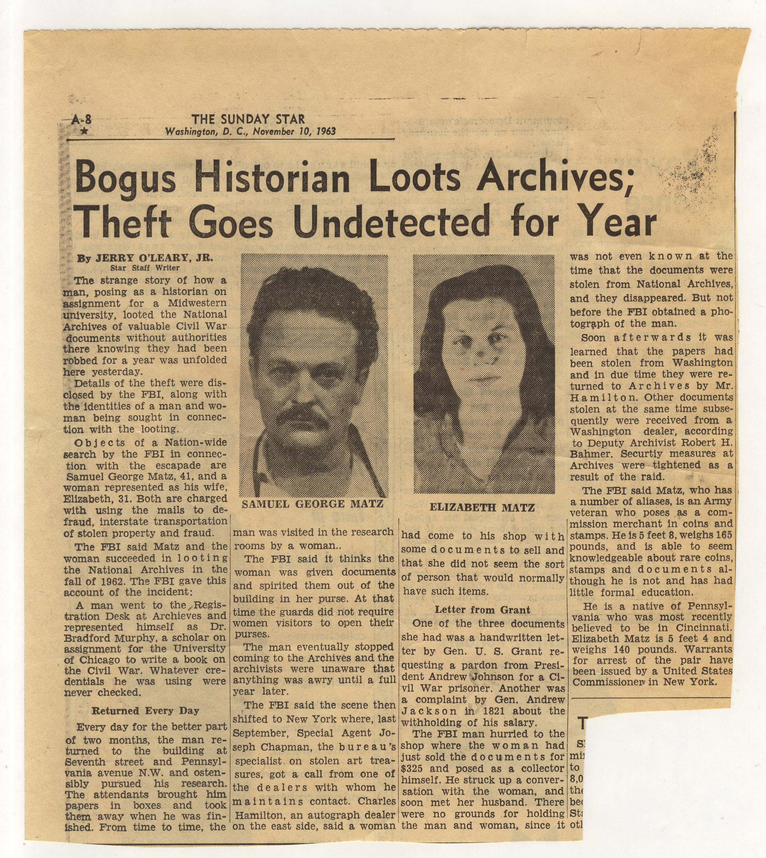 RG 64, P 67, file 1962 - Matz Theft Case from NA, Nov.