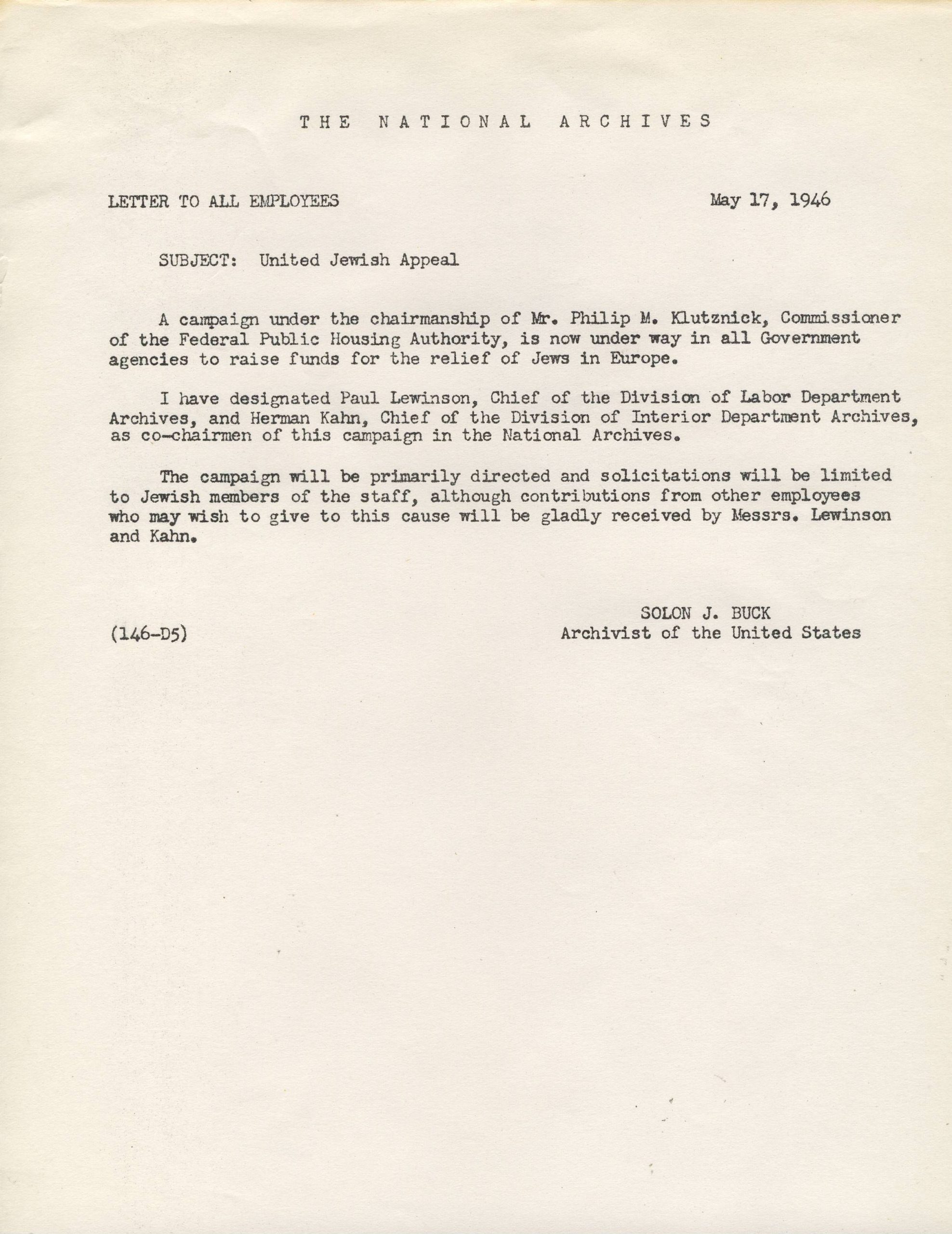 RG 64, A1 9C – Letter to All Employees, May 17, 1946 – United