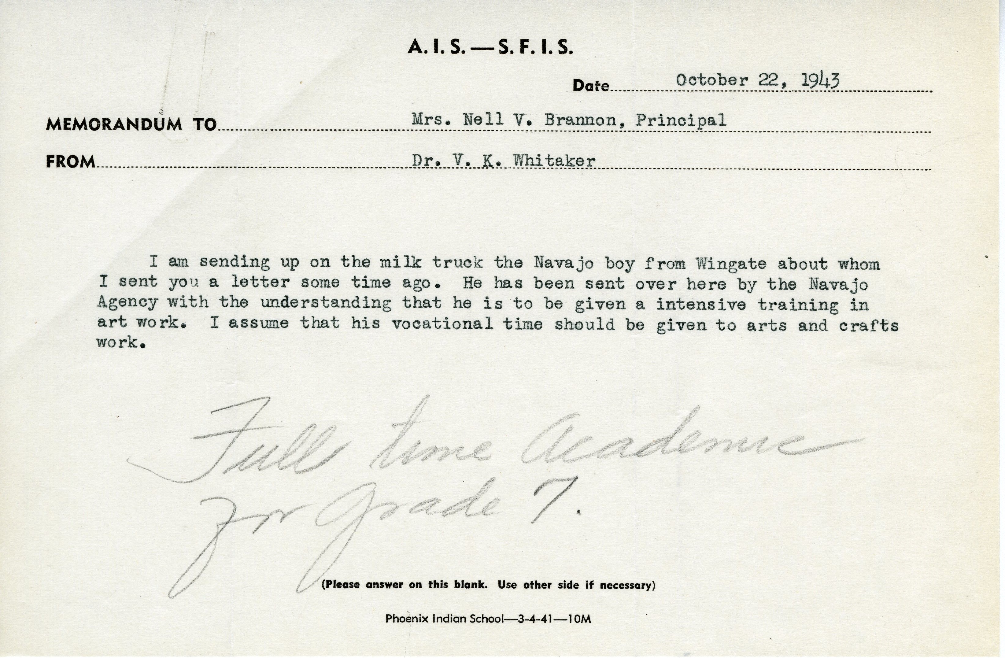 Memo_ October 22, 1943_ Box 73_ Student Case Files, 1939-1962 (National Archives Identifier 1136337)