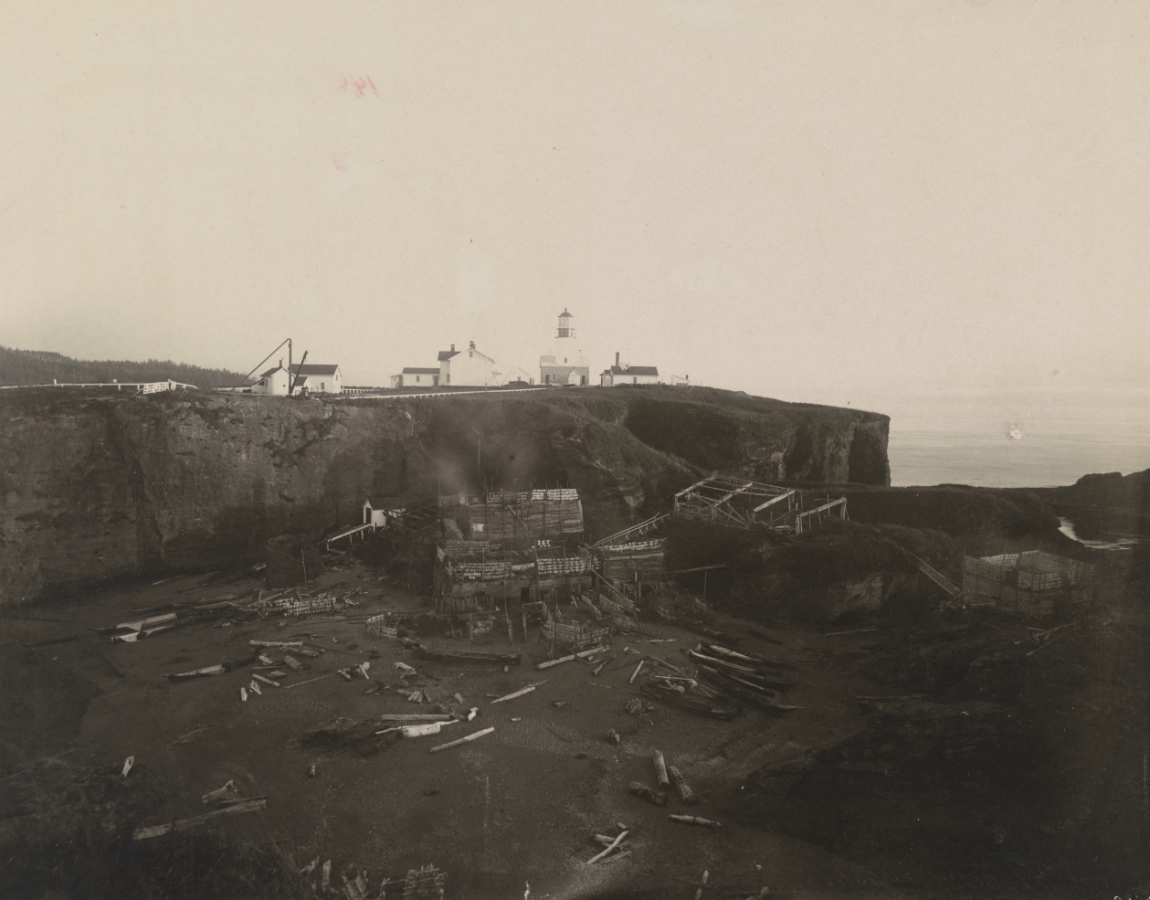 Image of Light station and Indian canoes at Cape Flattery.