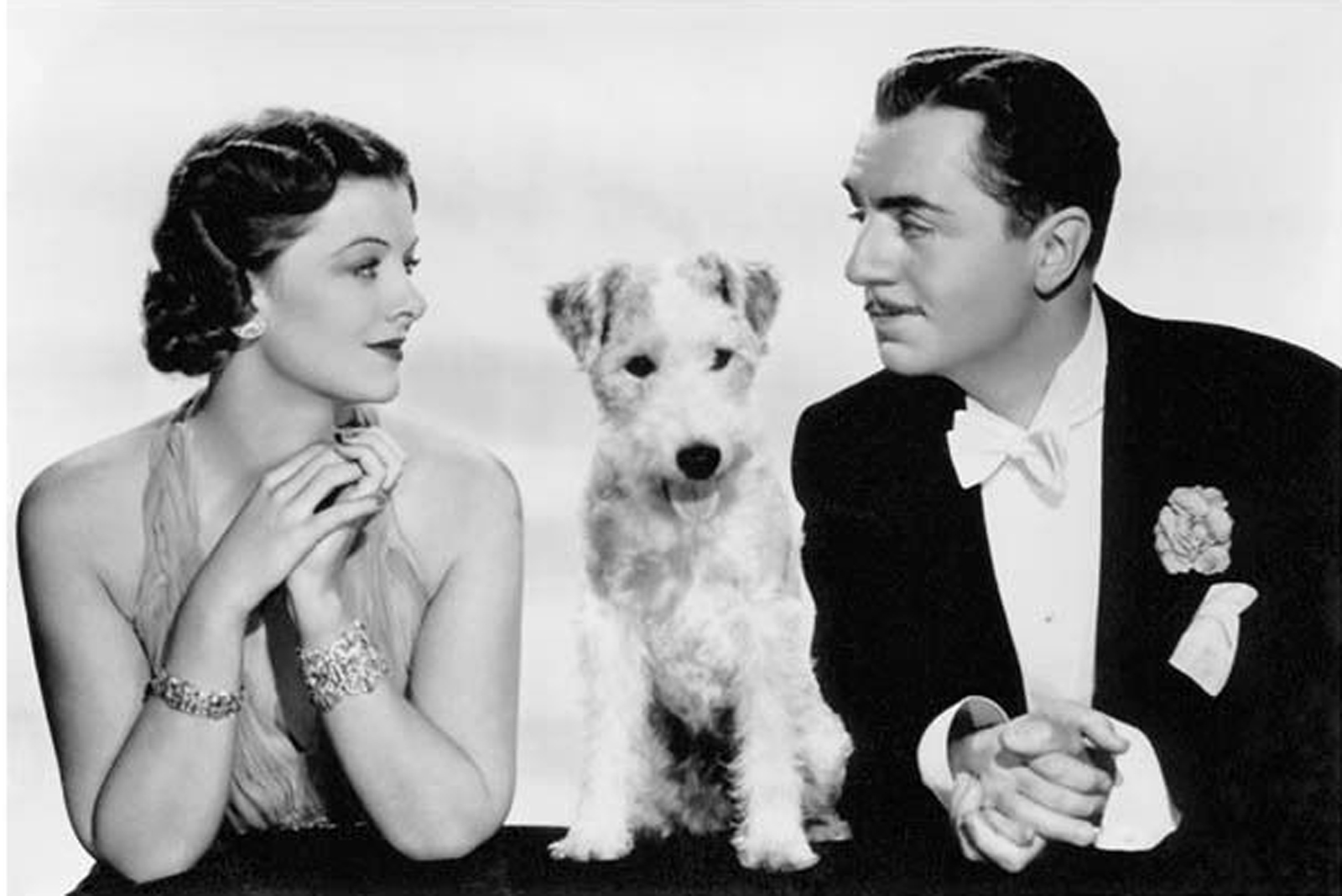 Myrna Loy, William Powell, and dog Skippy from the Thin Man