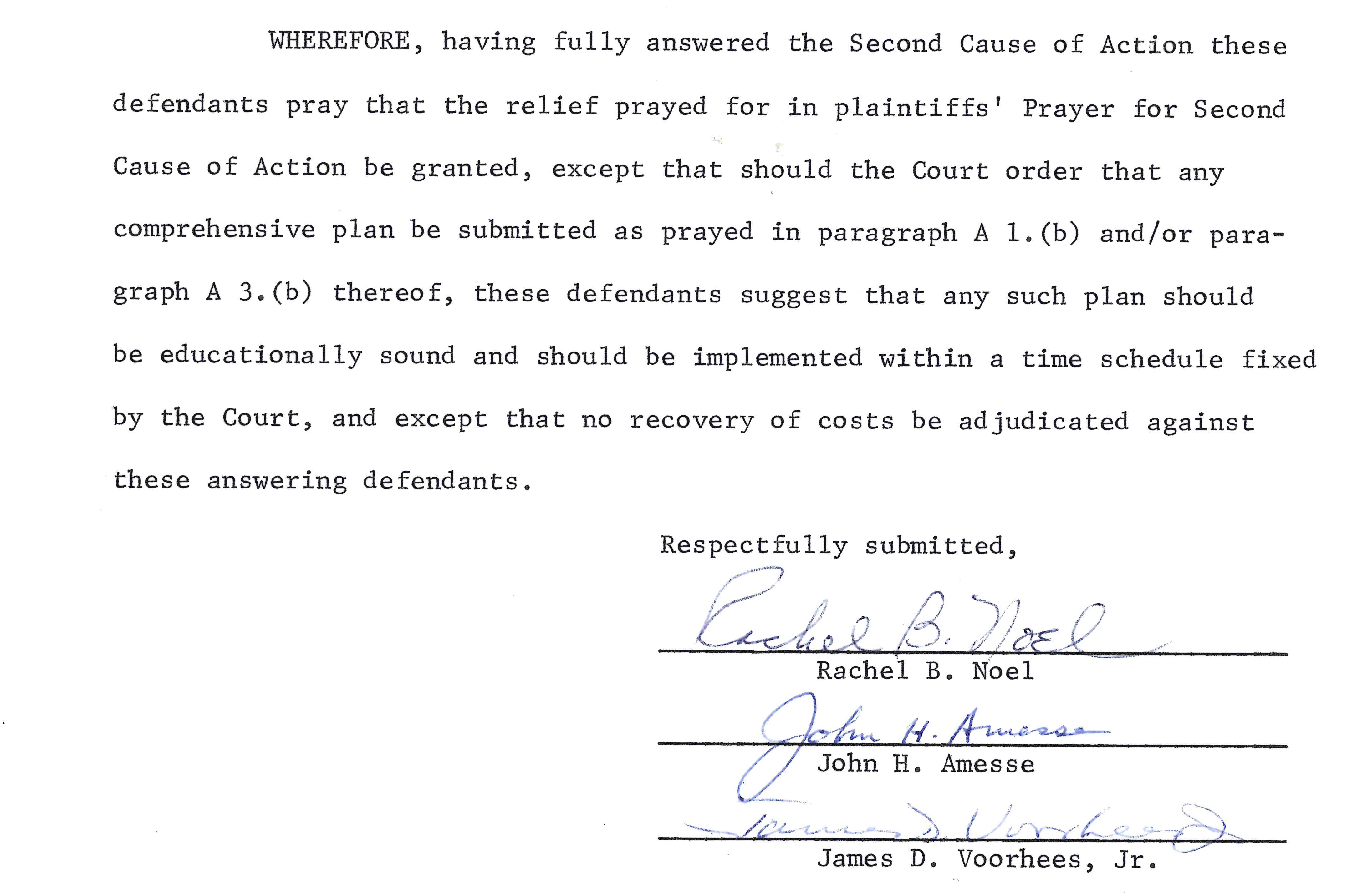 Image of document with the caption: The signatures of the three school board members who voted against rescinding the integration policies, in their answer filed with the court admitting the plaintiff’s allegations and asking that the relief requested by the plaintiffs be granted.