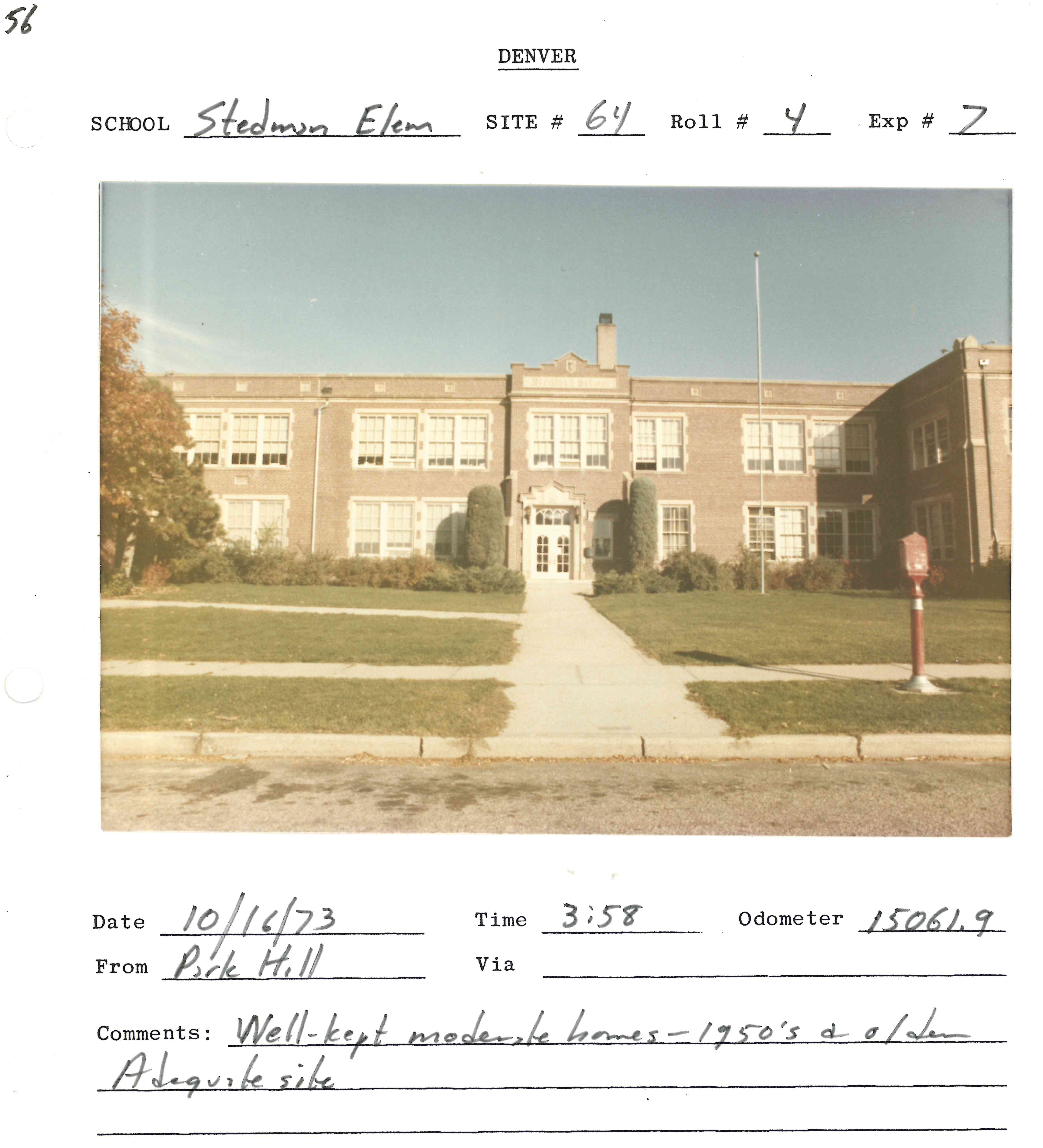 Image of Stedman Elementary School with the caption "An example of later evidence submitted to the court; 1973 site surveys of Denver schools. Stedman, still open today, is located in North Park Hill."