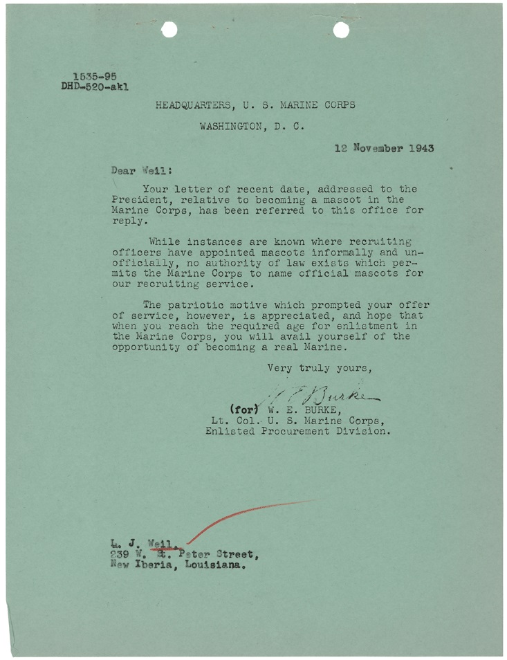 Letter from Lt. Col. W.E. Burke to L. J. Weil, Nov. 12, 1943