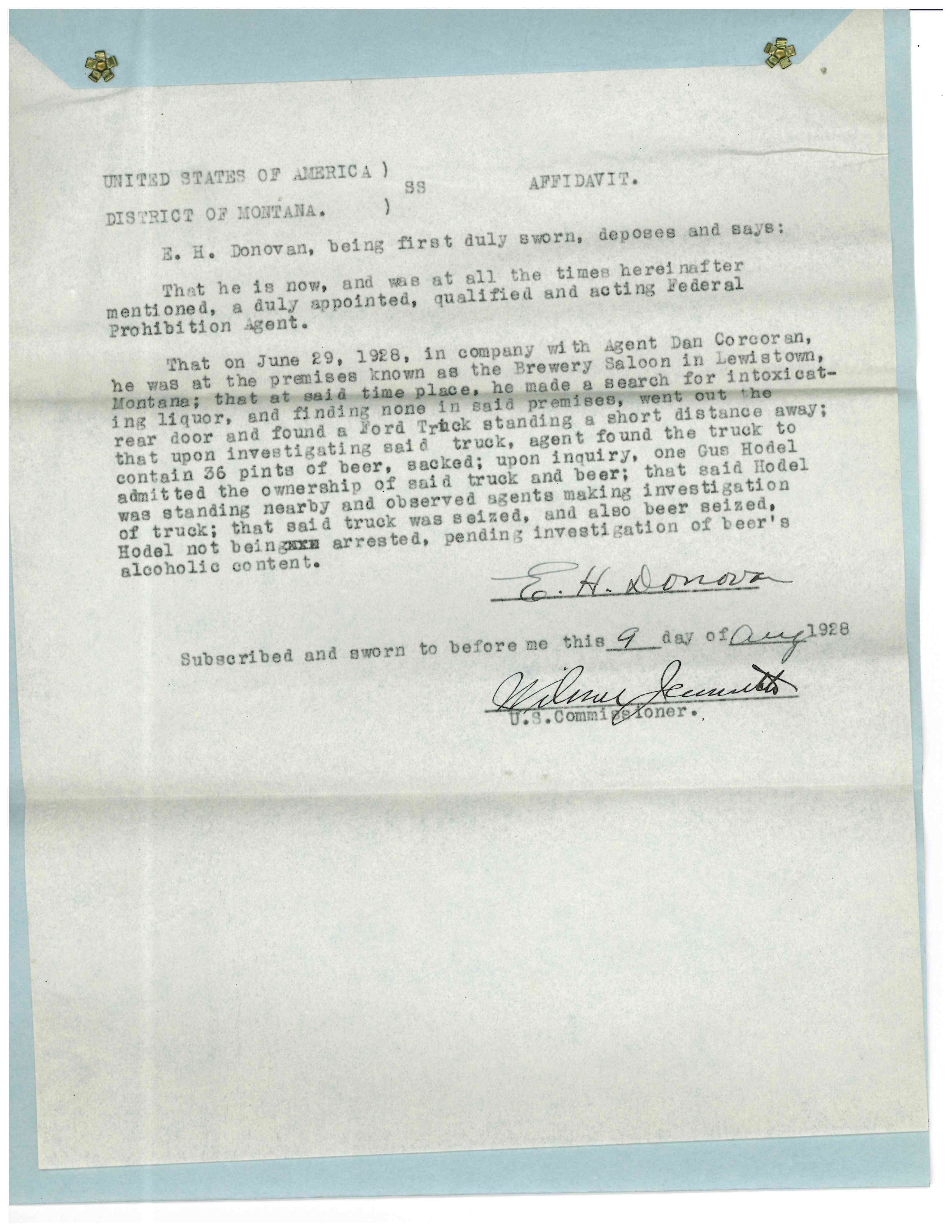 Image of Affidavit describing how agents caught Hodel with illegal beer "Criminal Case Files, 1924-1968" NAID 568166, Box 41