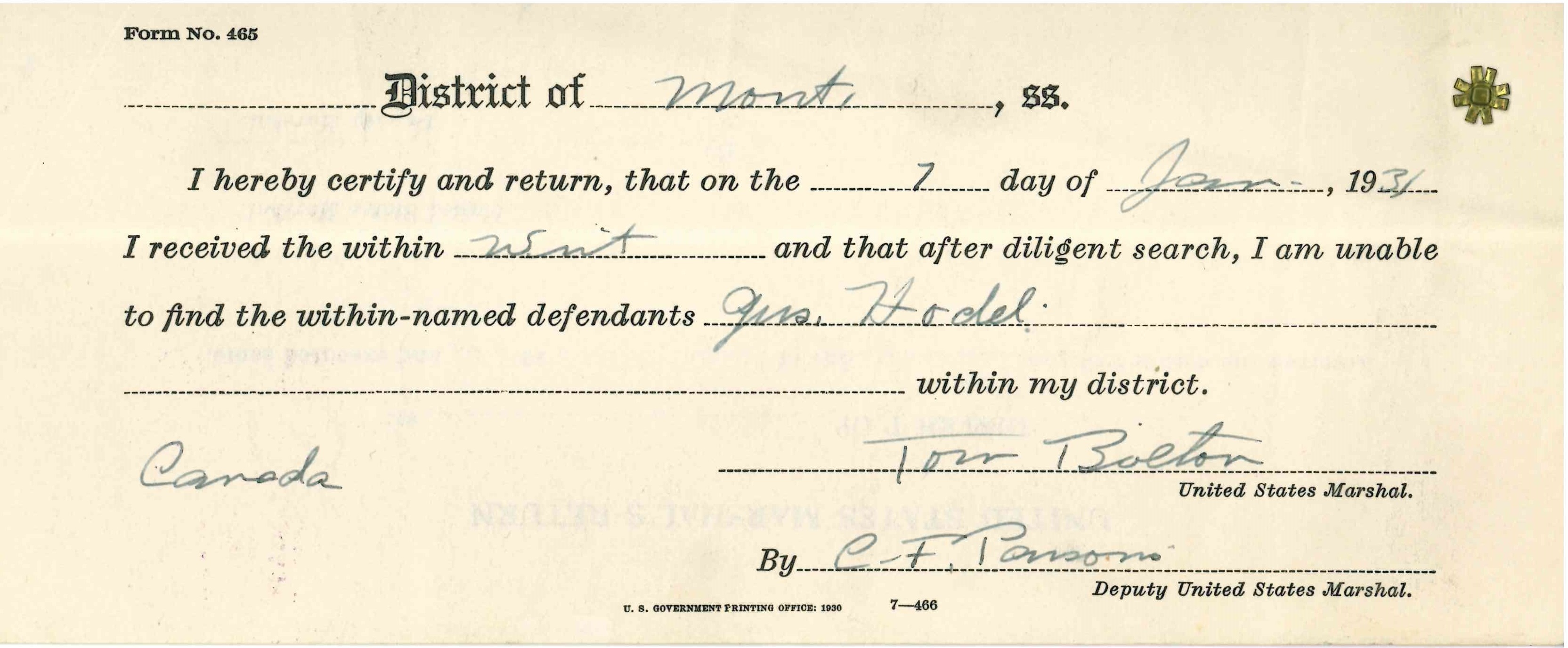 U.S. Marshal Tom Bolton’s filings from 1928 and 1931, attesting he could not locate Hodel. "Criminal Case Files, 1924-1968" NAID 568166, Box 41