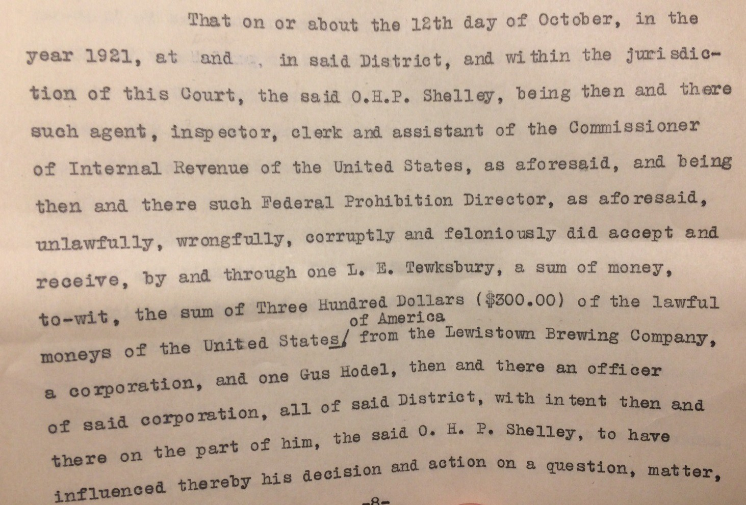 Document excerpt from complaint detailing Hodel’s involvement. "Criminal Case Files, 1889-1961" NAID 298174, Box 6763