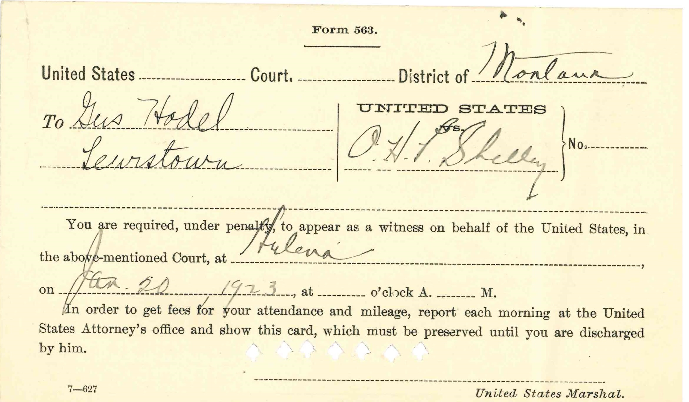 Image of Subpoena card requiring Hodel to testify. "Criminal Case Files, 1889-1961" NAID 298174, Box 6763