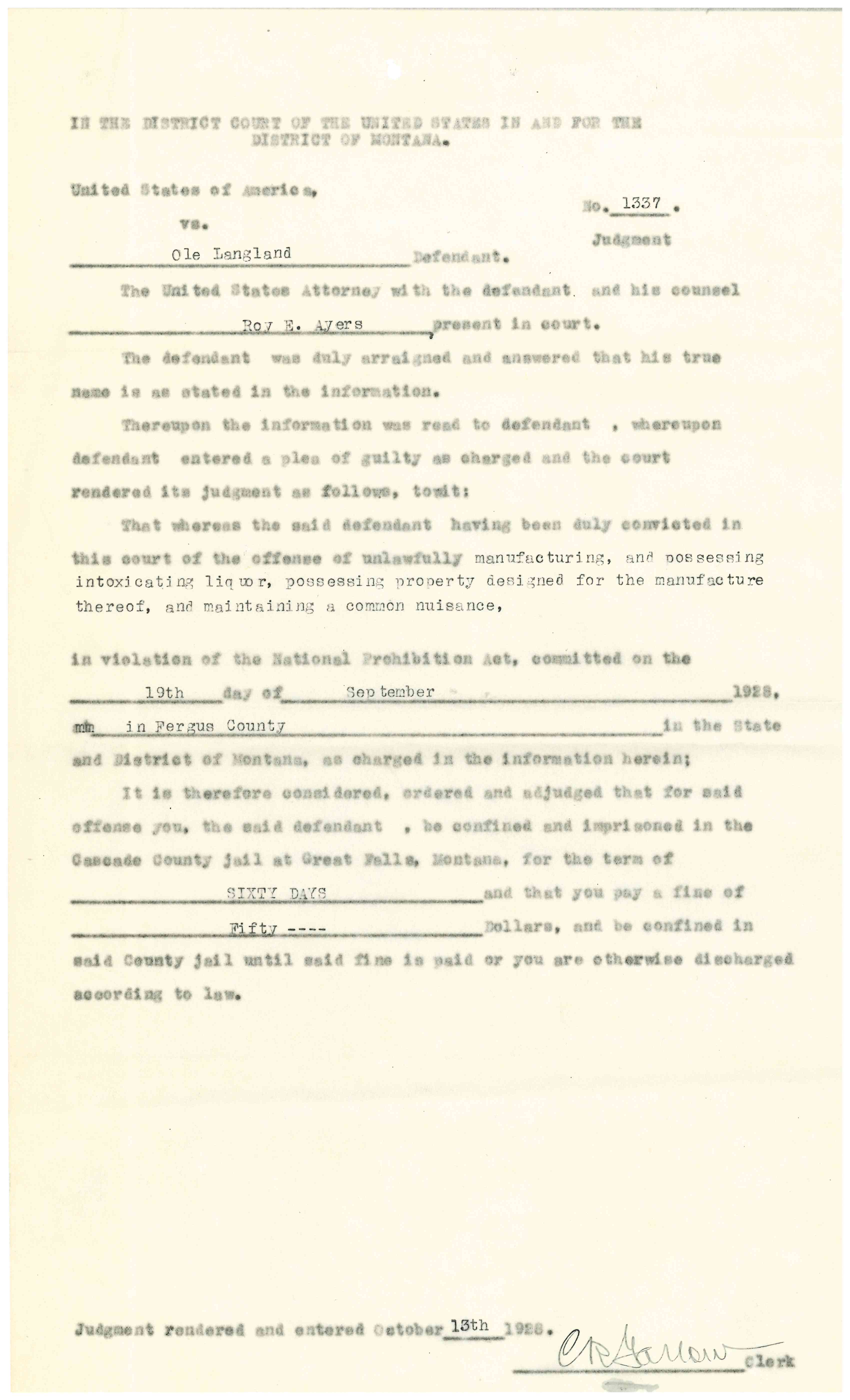 Image of Langland conviction "Criminal Case Files, 1924-1968" NAID 568166, Box 41