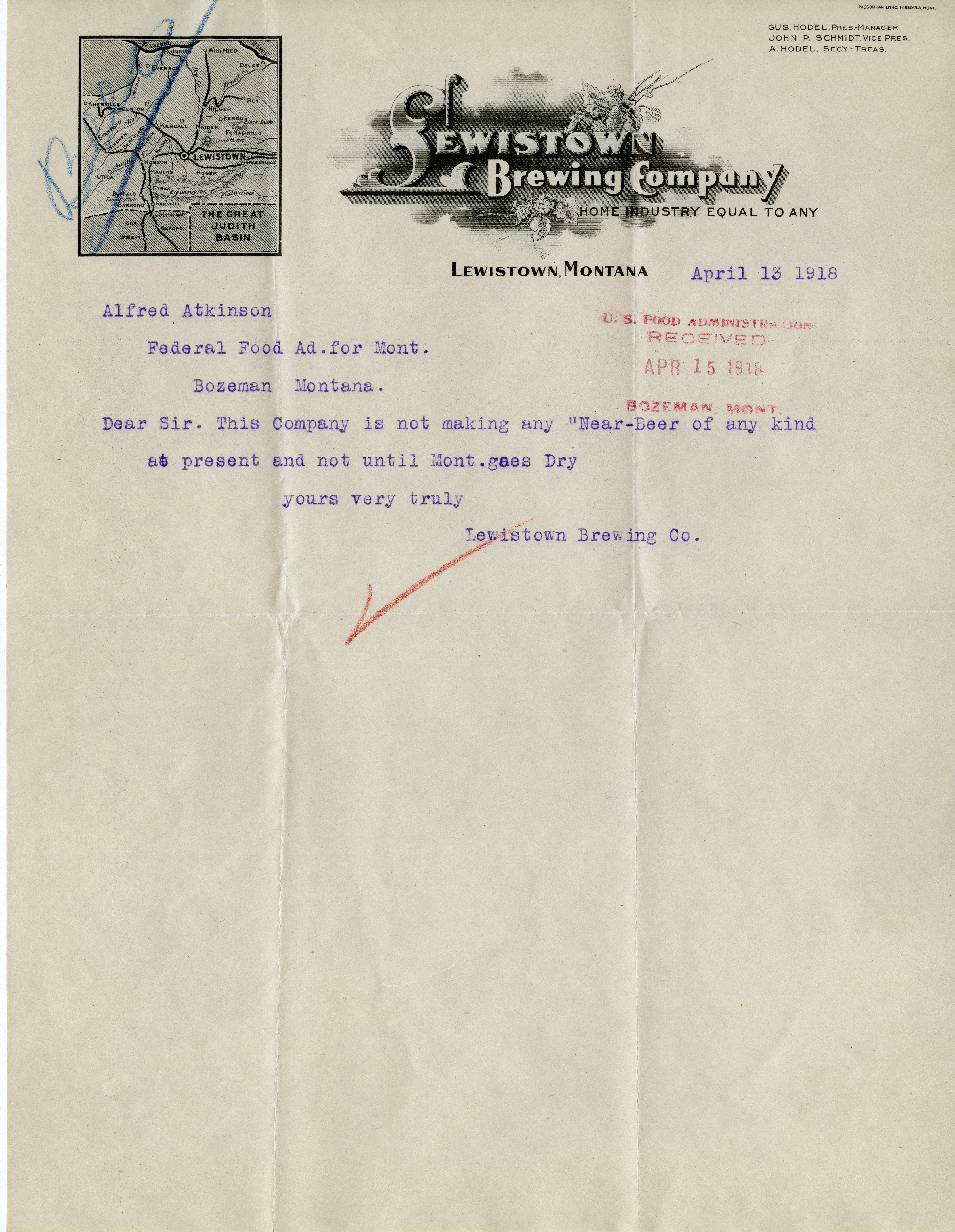 Letter from Lewistown Brewing Co. to Alfred Atkinson, April 13, 1918