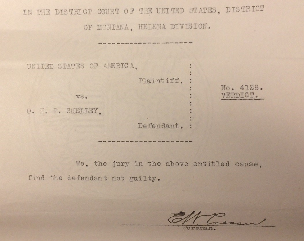 Image of Verdict finding Shelley not guilty. "Criminal Case Files, 1889-1961" NAID 298174, Box 6763