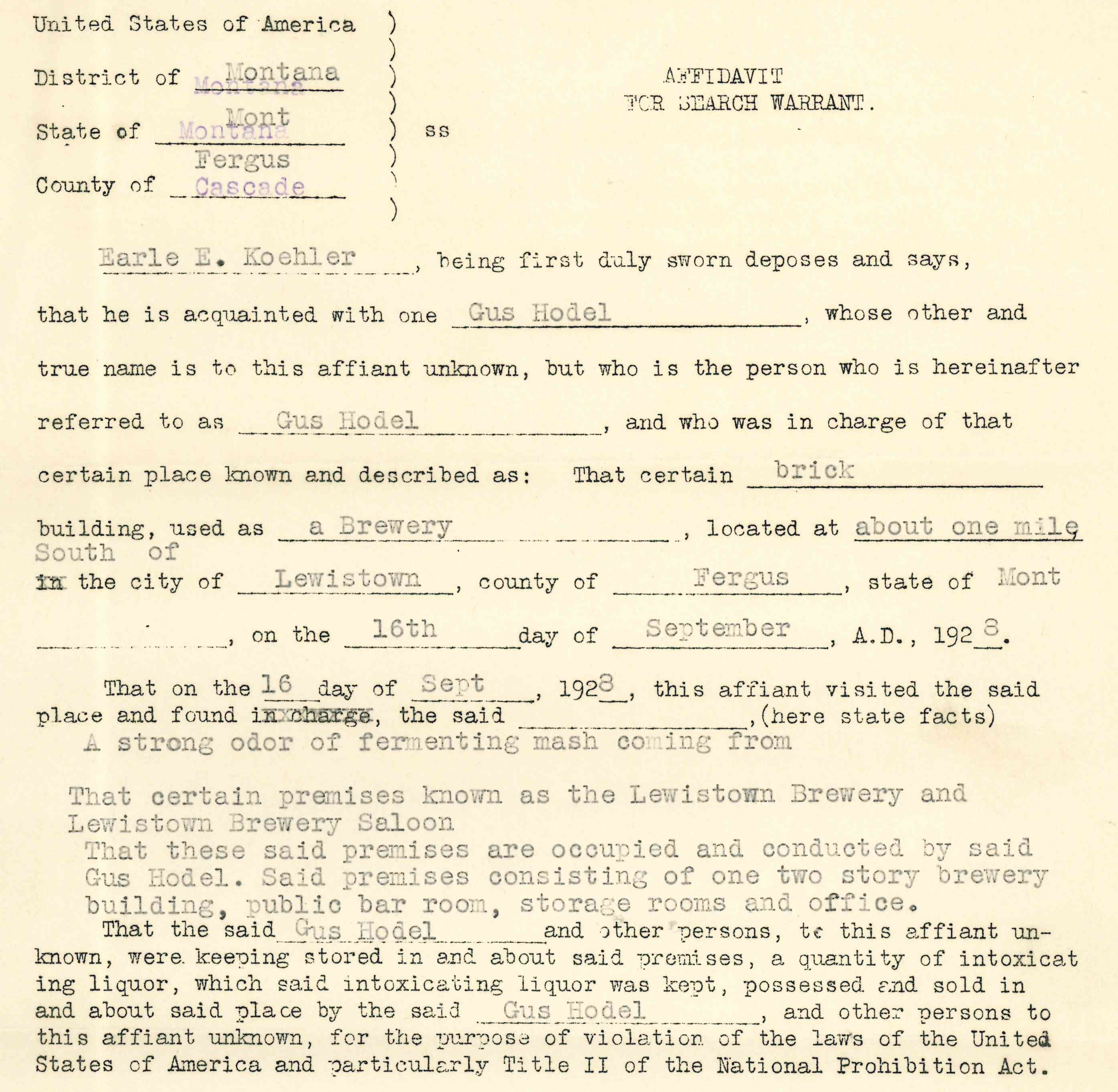 Image of Affidavit to justify search warrant for Lewistown Brewing Company "Criminal Case Files, 1924-1968" NAID 568166, Box 41