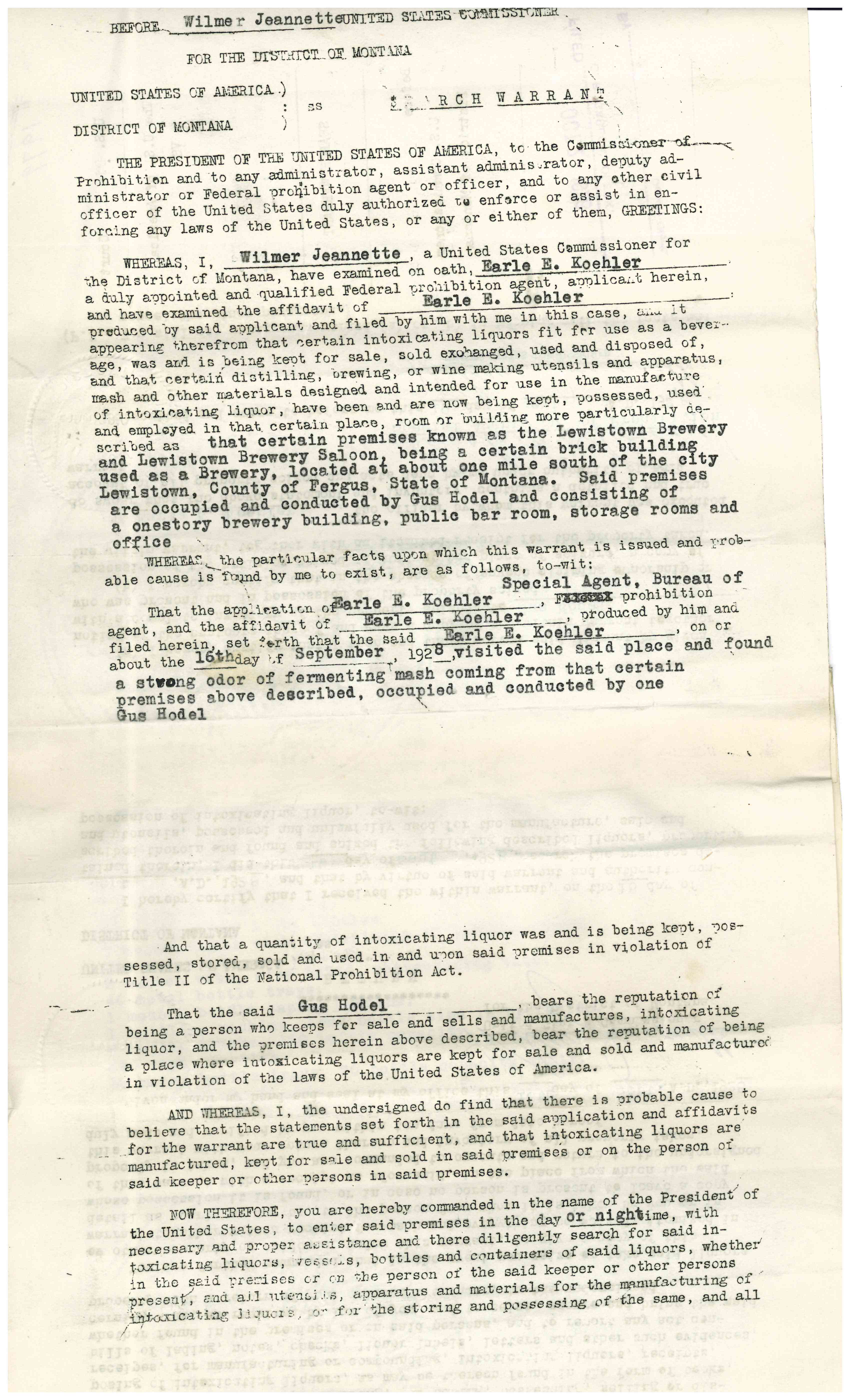 Image of Search warrant for Lewistown Brewing Company "Criminal Case Files, 1924-1968" NAID 568166, Box 41