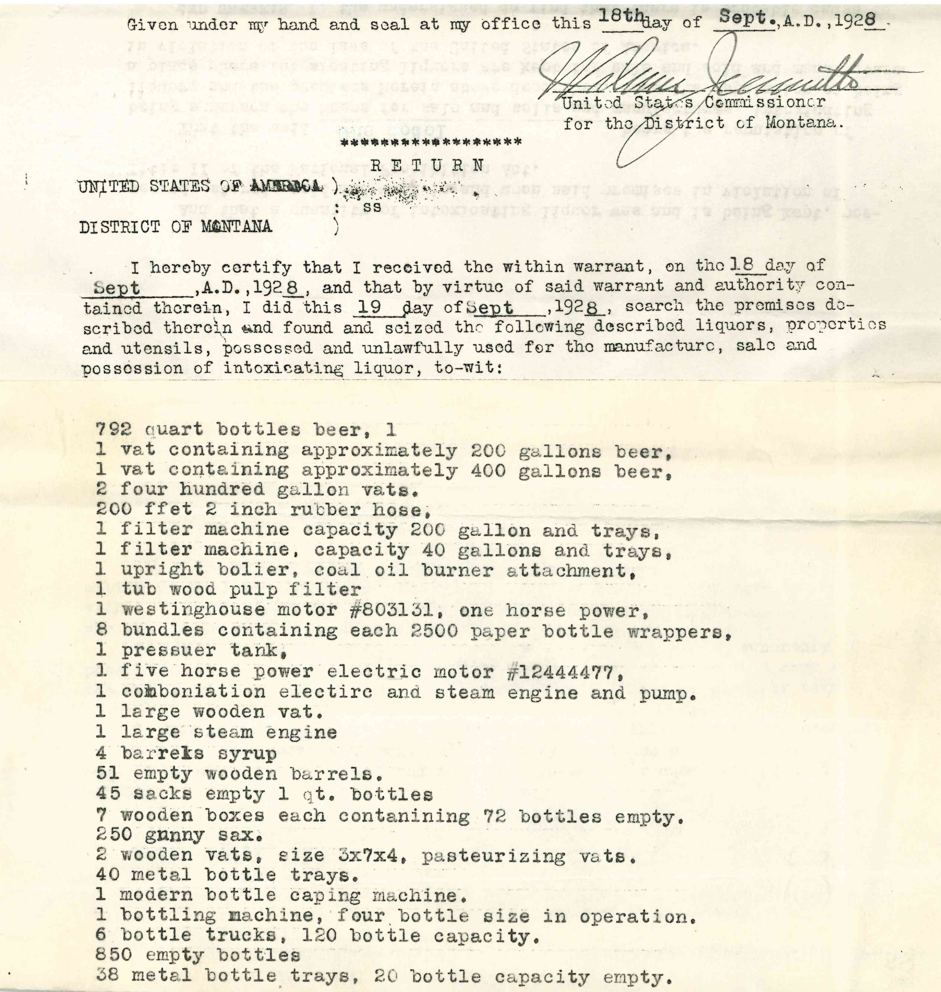 Image of Results from search of Lewistown Brewing Company "Criminal Case Files, 1924-1968" NAID 568166, Box 41