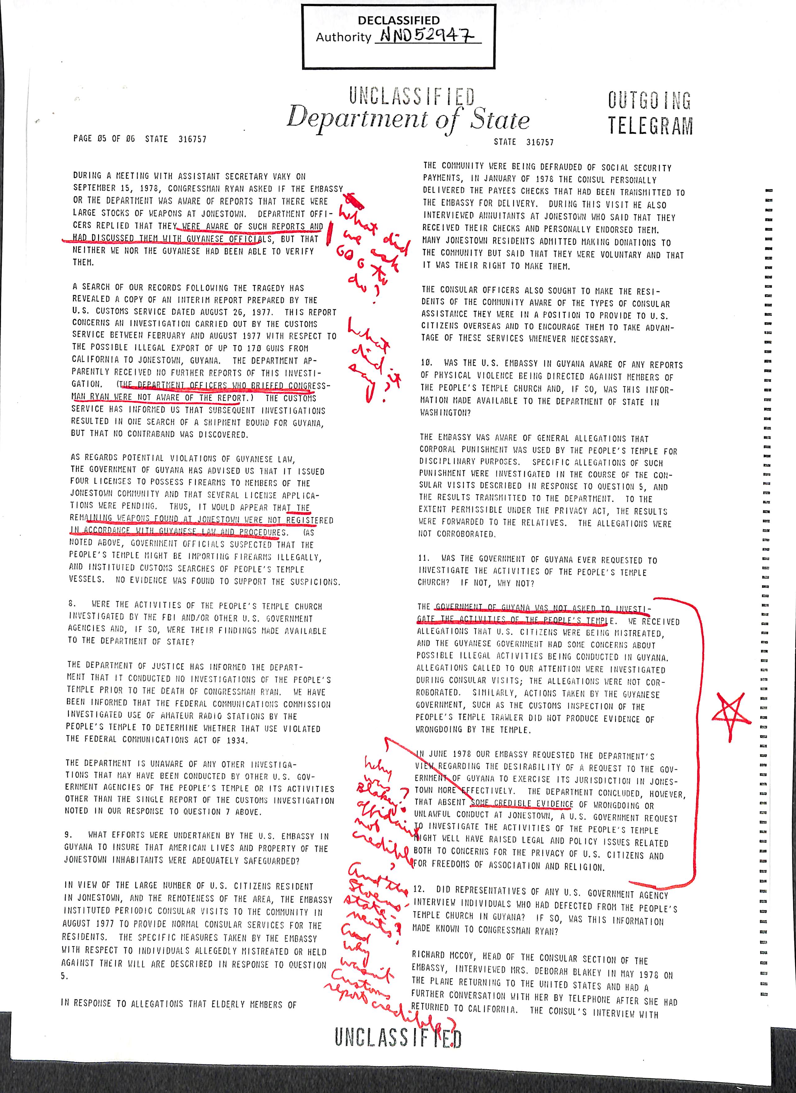 Image of document: There were reports of abuse at the Jonestown compound in 1977, as noted in this telegram (NAID 1487627).