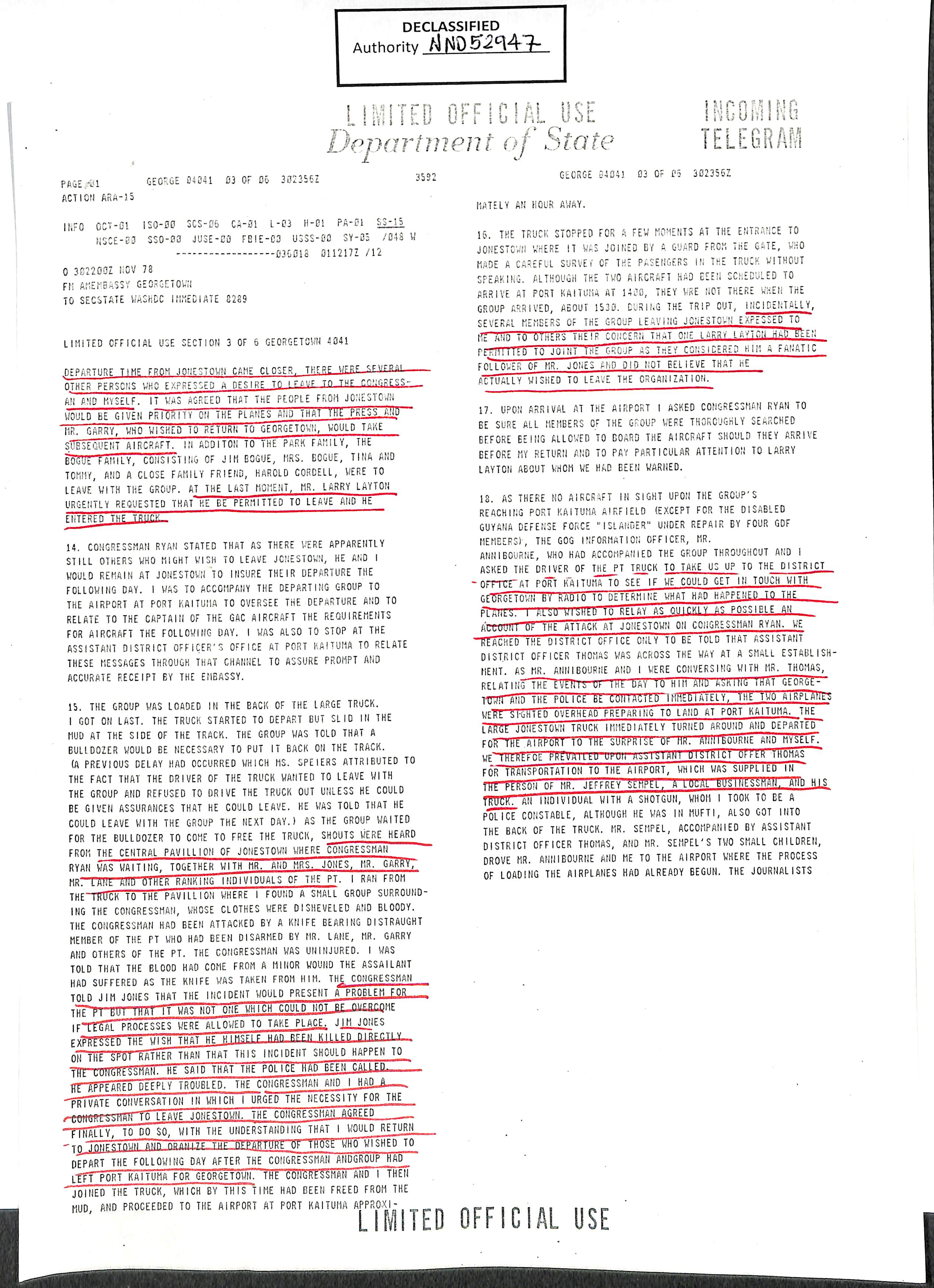 Image of document: Larry Layton (one of the Kaituma gunmen) was known to be a loyal follower of Jim Jones, and other defectors were concerned by his desire to join their departing group (NAID 1487627).