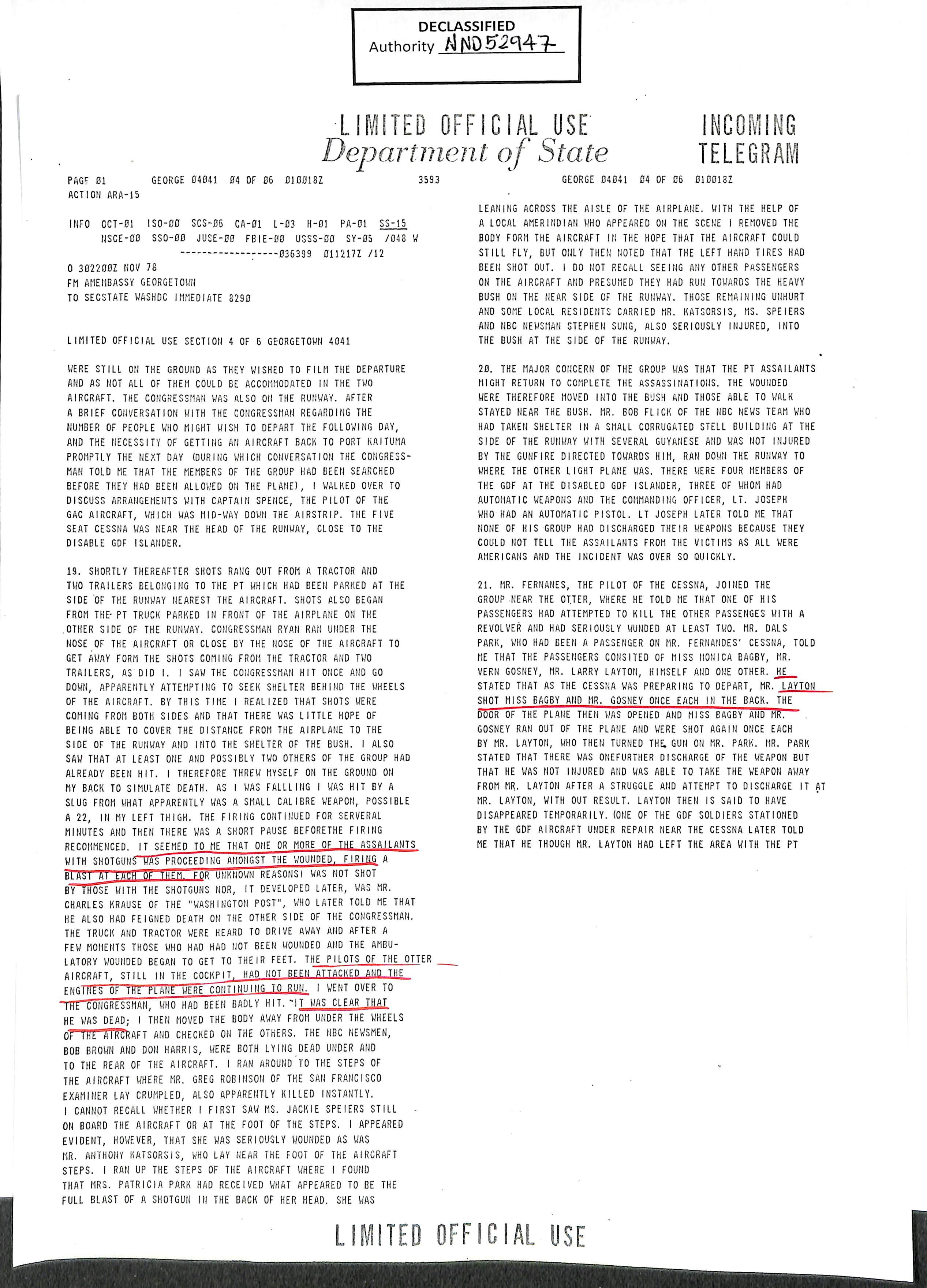 Image of document: Details of the events on the Port Kaituma airstrip, including the death of Congressman Ryan (NAID 1487627).