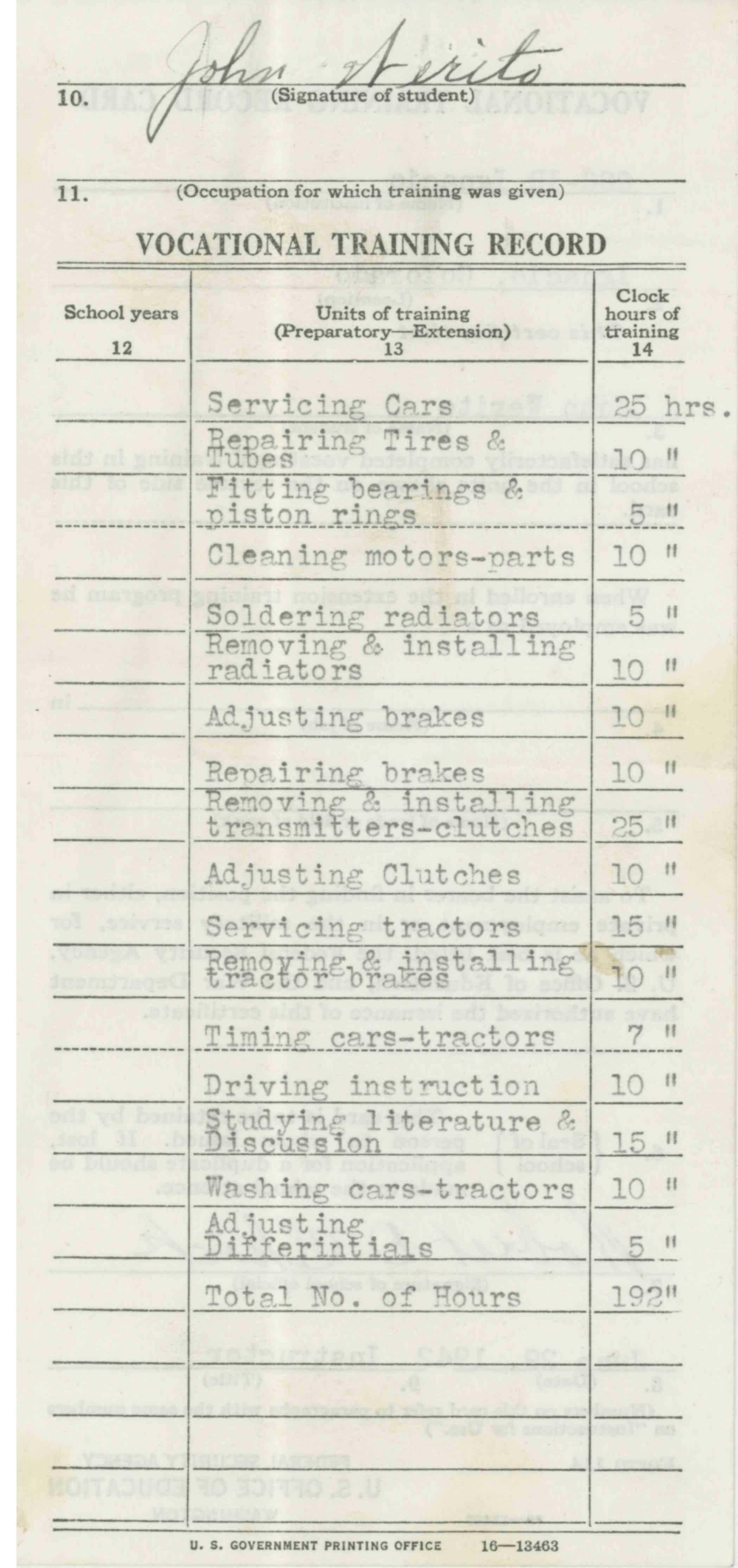 Image of Werito's training record.
