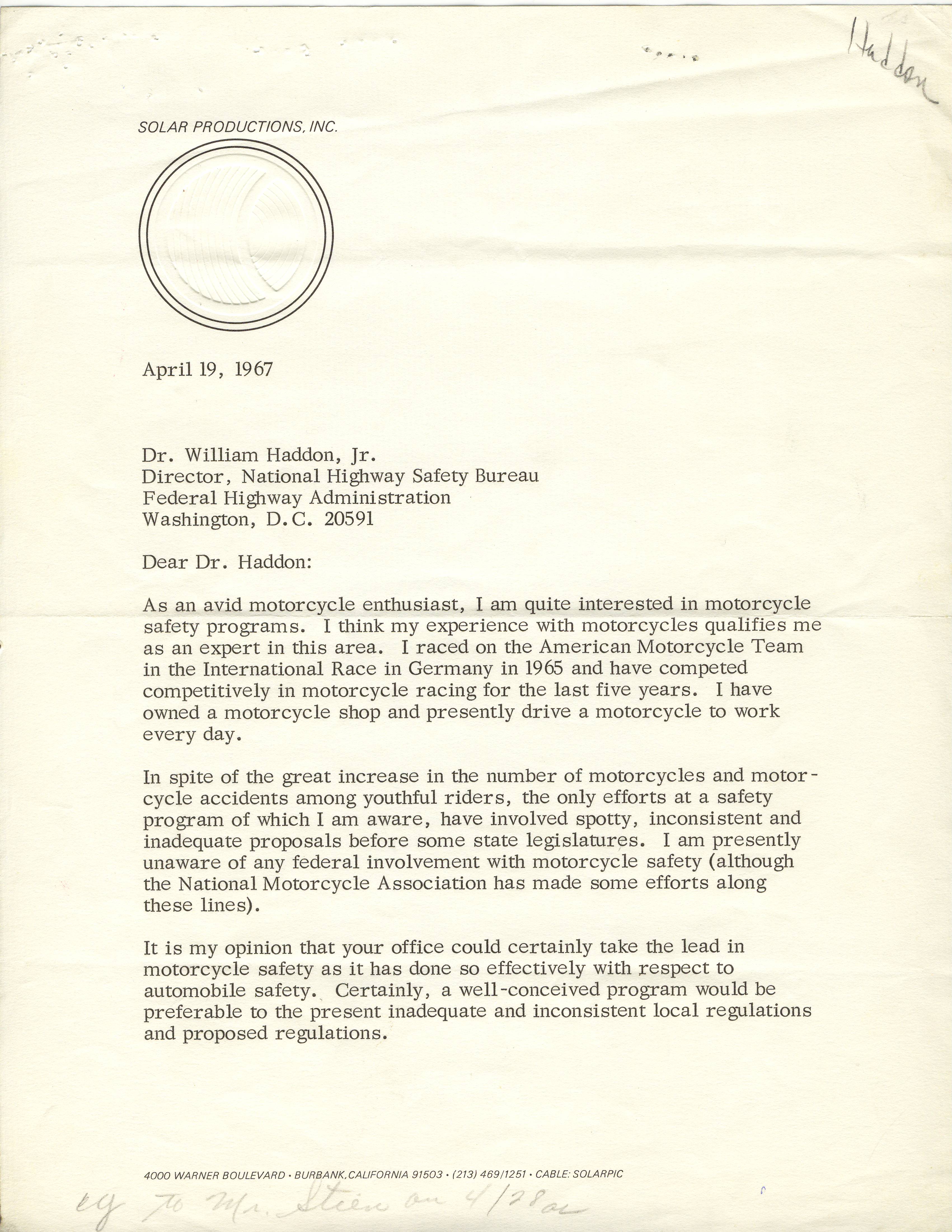 Letter from Steve McQueen to Dr. William Haddon, Jr., April 19, 1967.