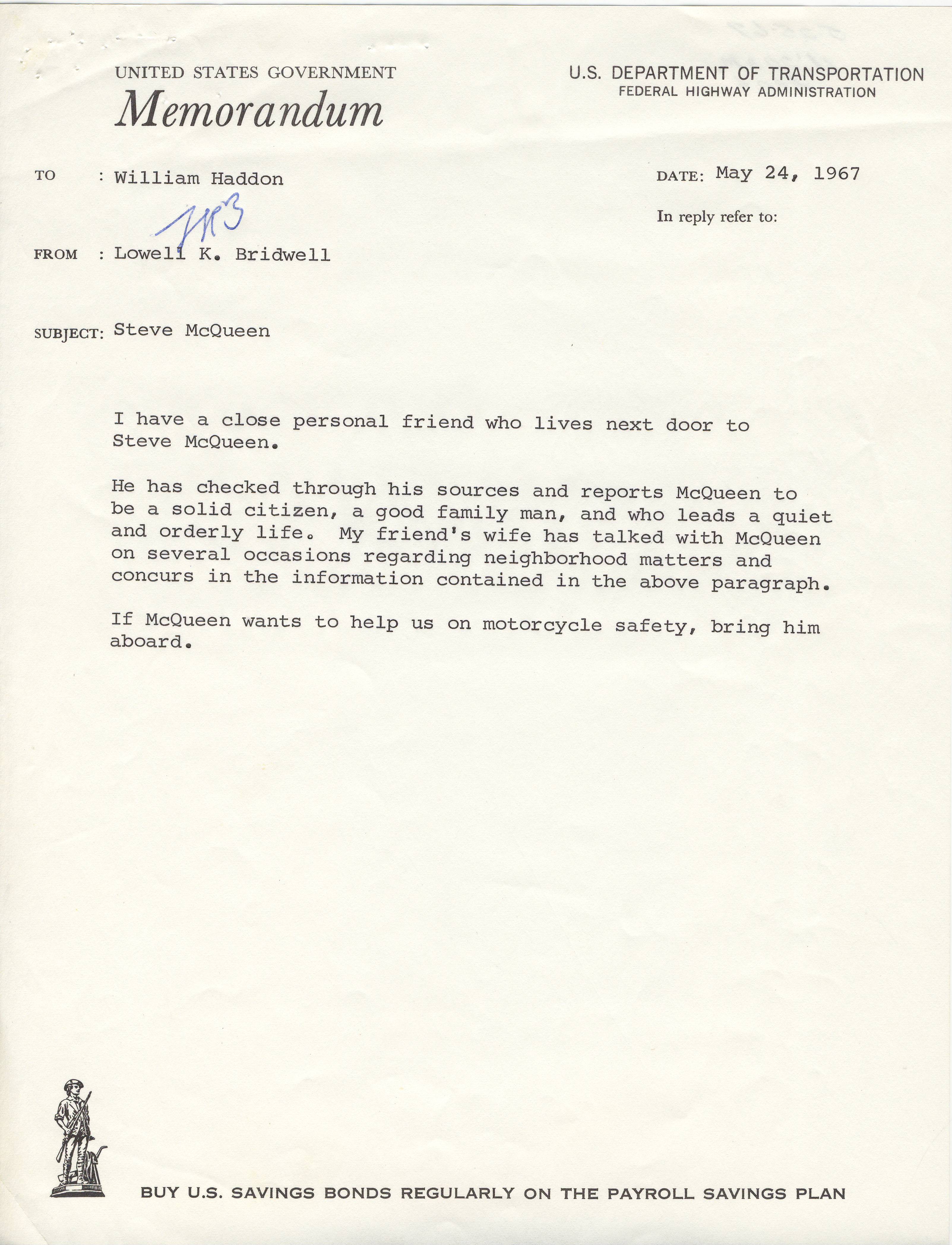 Memorandum from Lowell K. Bridwell to William Haddon, May 24, 1967.