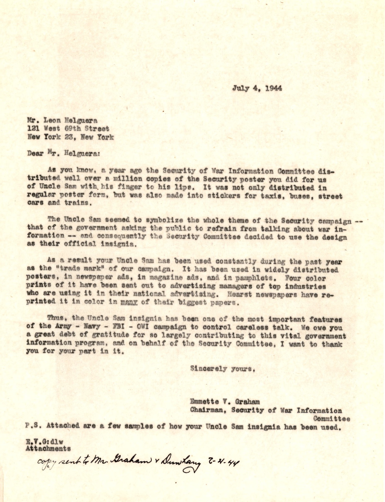 Letter from Emmette V. Graham to Leon Helguera, July 4, 1944.