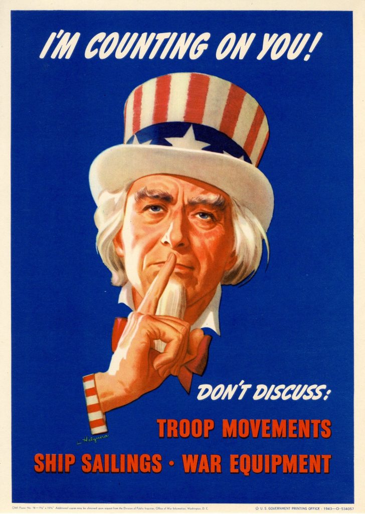 Poster of Uncle Sam holdings his finger to his lips in a gesture of silence with the text "I'm Counting on You! Don't Discuss: Troop Movements, Ship Sailings, War Equipment.