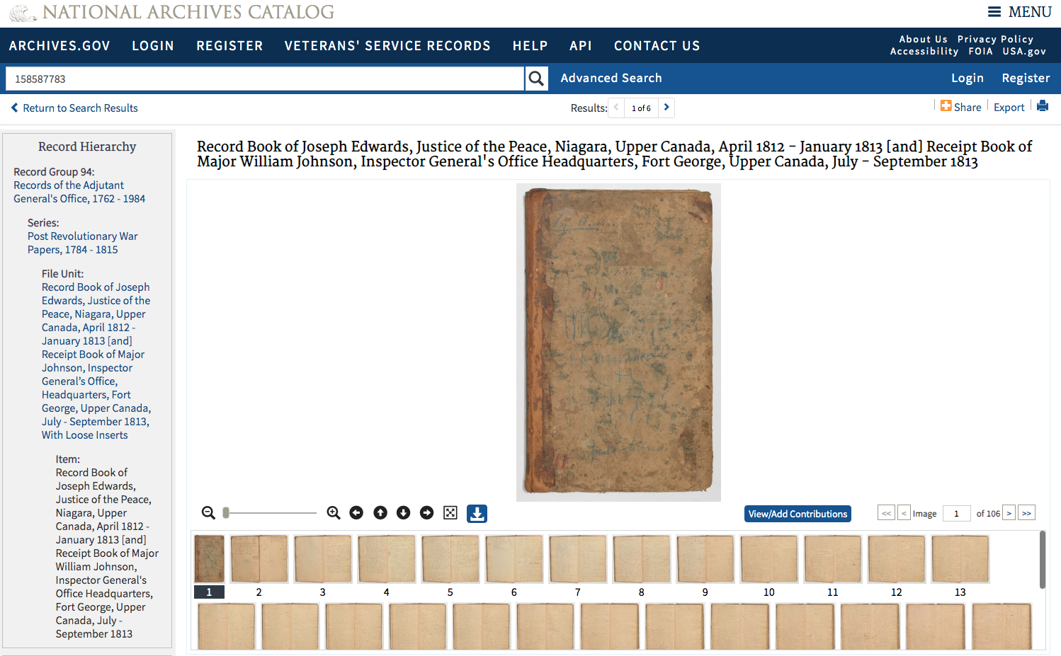 Screen shot of the Record Book of Joseph Edwards in the National Archives Catalog.