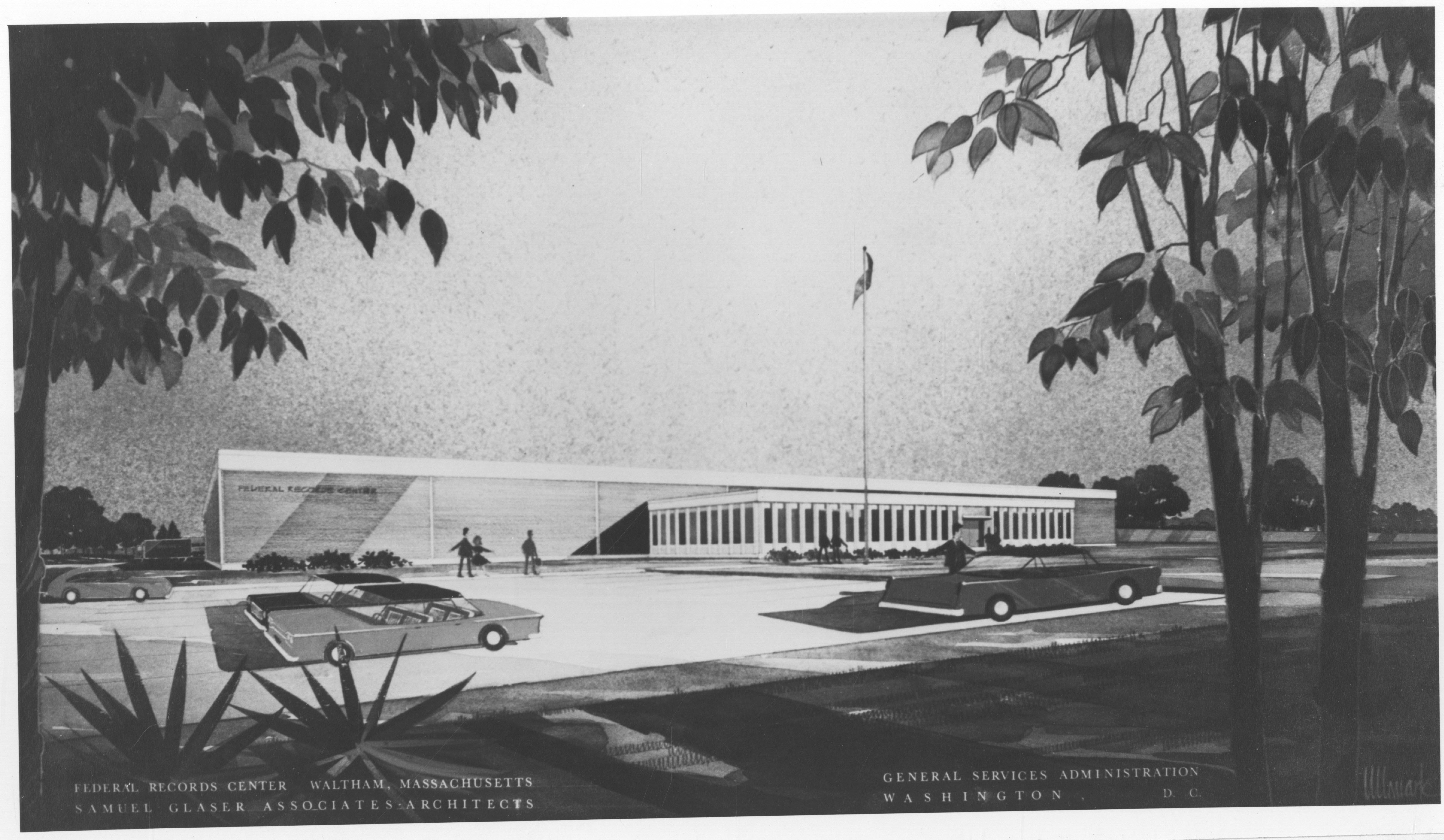 gray tone drawing of a building with cars in front of it.