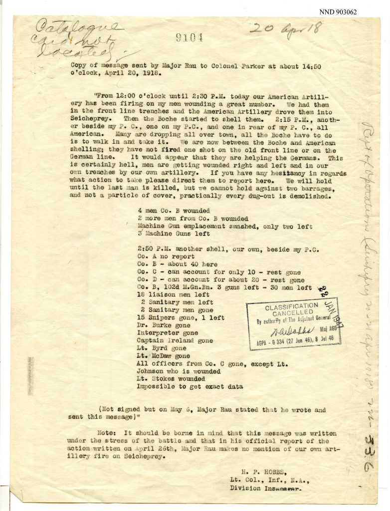 typed copy of message relaying operations at Seicheprey on April 20, 1918