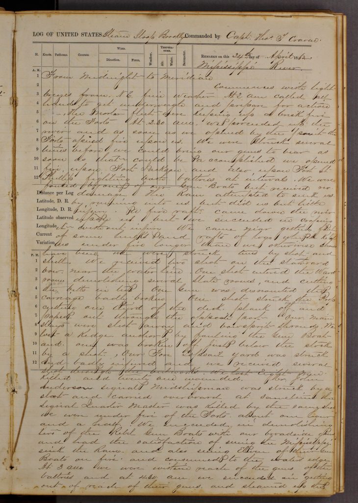 page from the logbook of the USS Brooklyn, handwritten text