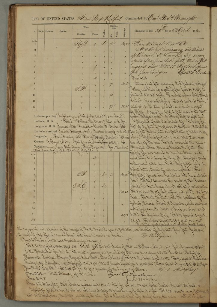 page from logbook of USS Hartford, handwritten text